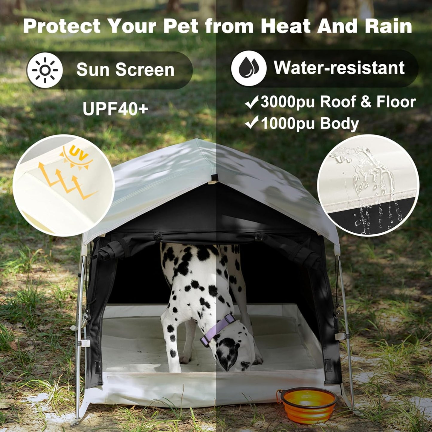 Dog Tent Cotton Fabric, Aluminum Poles and Camping Mat, Outdoor Weatherproof, Dog House Outdoor, Breathable with 2 Side Windows, Portable and Collapsible (Black, Large)