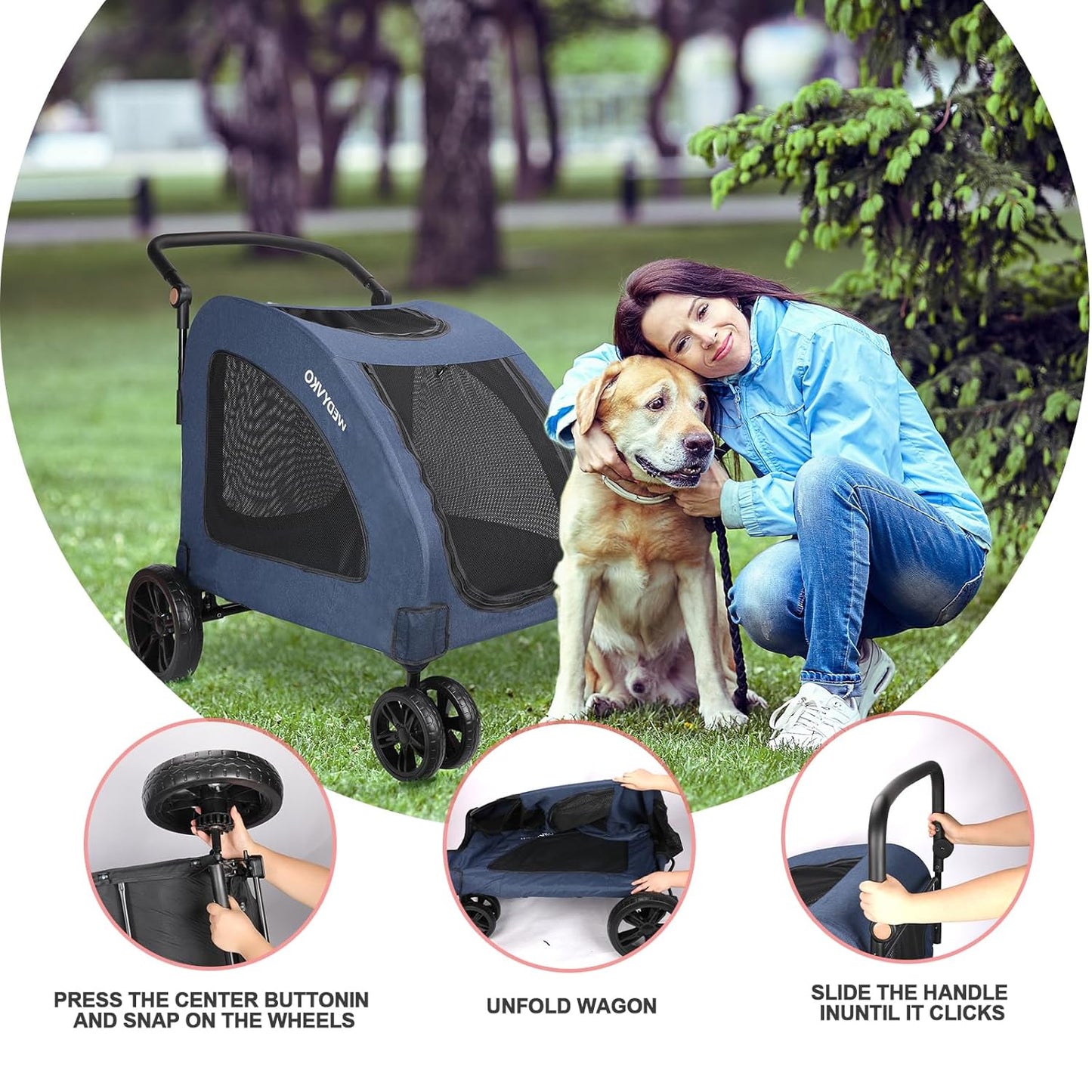 Large Dog Travel Stroller with 4 Heavy Duty Wheels Pet Stroller with Adjustable Handle - Double Doggie Capacity Jogger Wagon with Back Front Door for Small Medium Large Dogs (Navy)