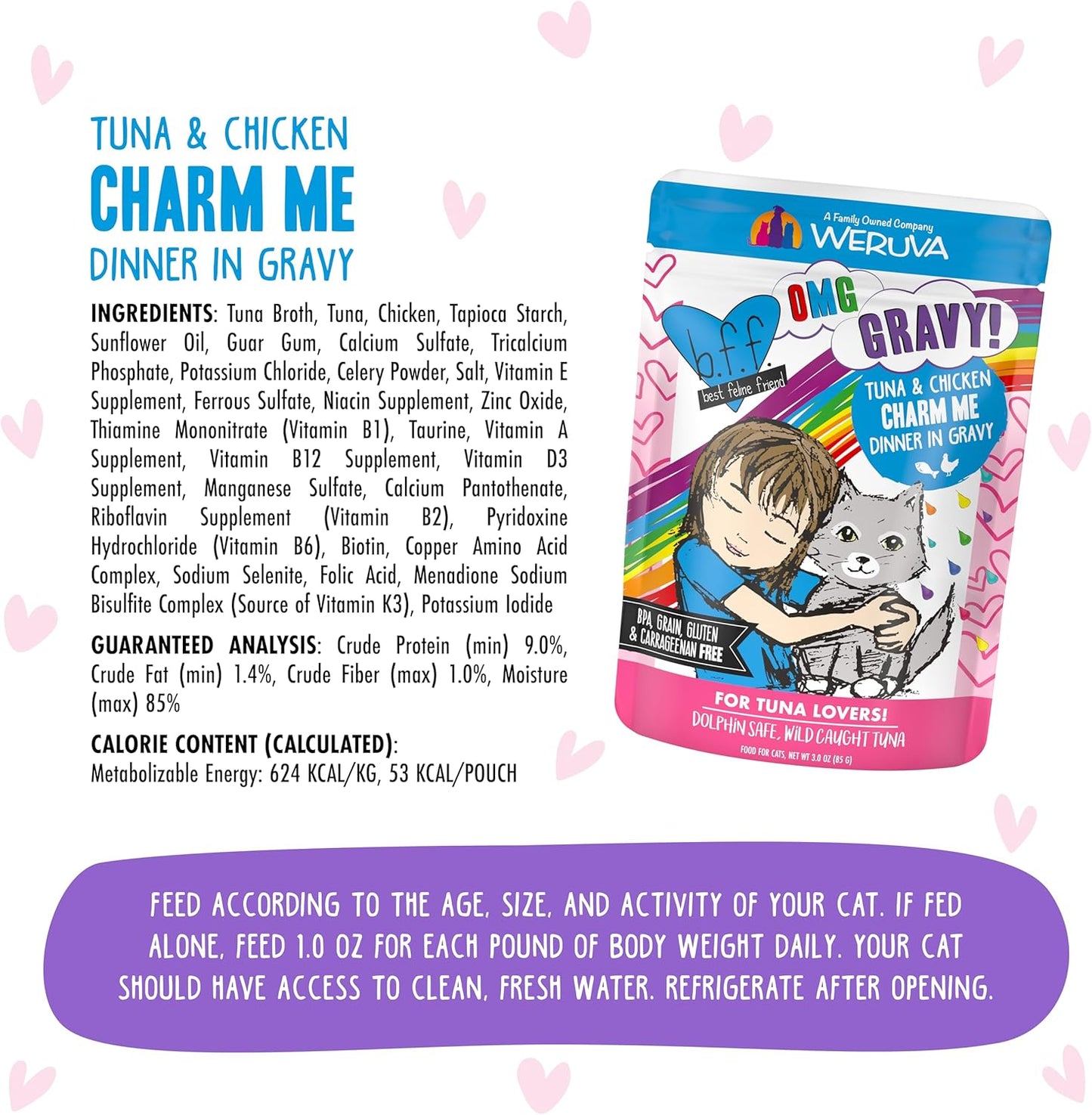 Weruva B.F.F. OMG - Best Feline Friend Oh My Gravy! Tuna & Chicken Charm Me with Tuna & Chicken in Gravy Cat Food, 3oz Pouch (Pack of 12)