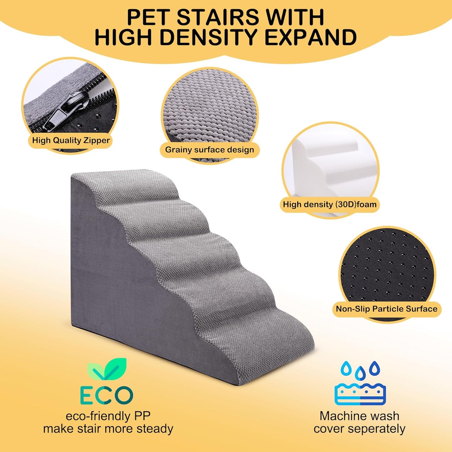 Dog Stairs for Bed and Couch, Non-Slip 5-Step Pet Stairs, 24" High Sofa Foam Dog Ramp - Best for Small Pets, Dogs and Cats with Joint Pain