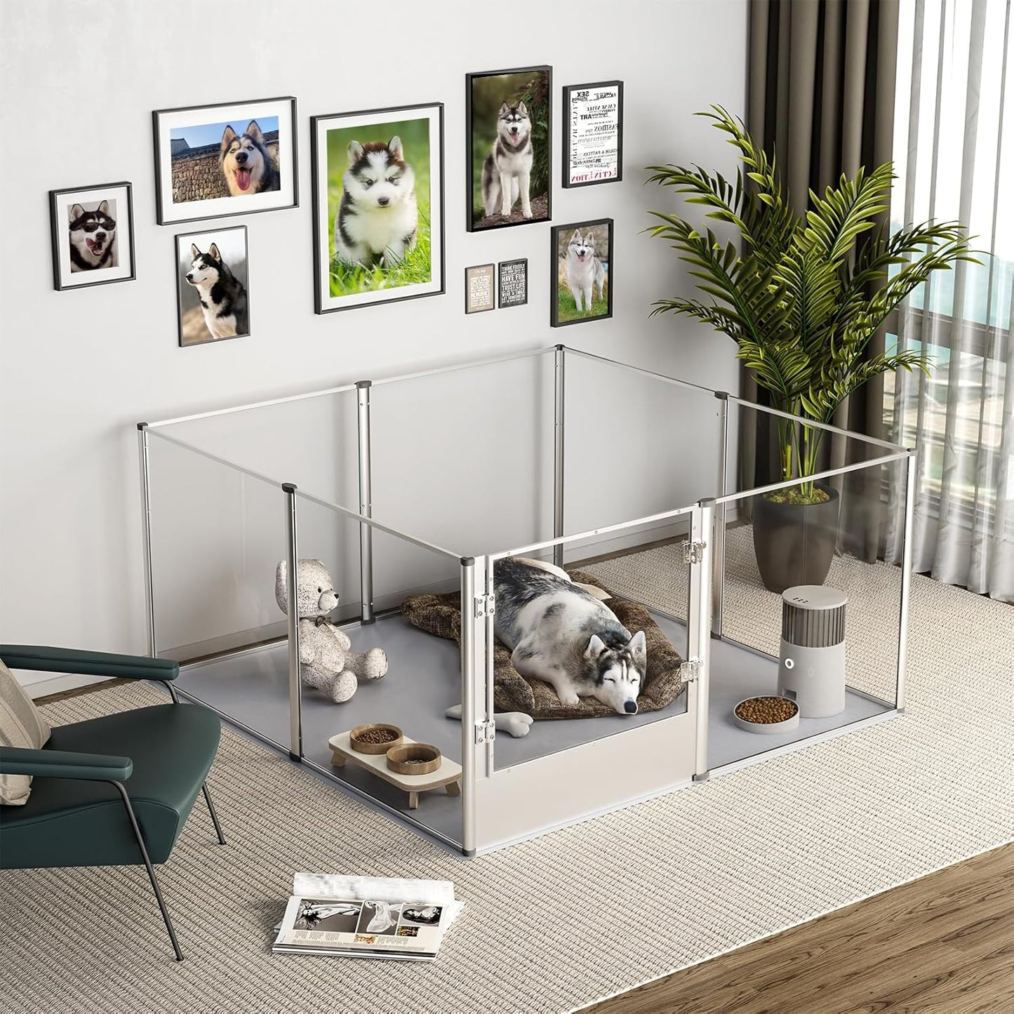 Dog Clear Playpen Fence Kennel: 32” Extra Tall Indoor Pet Birthing Cage Whelping Box with Waterproof Fertility Pad - 52”x52” Extra Large Dogs Exercise Crate Pen Made by Acrylic and Aluminum Frame