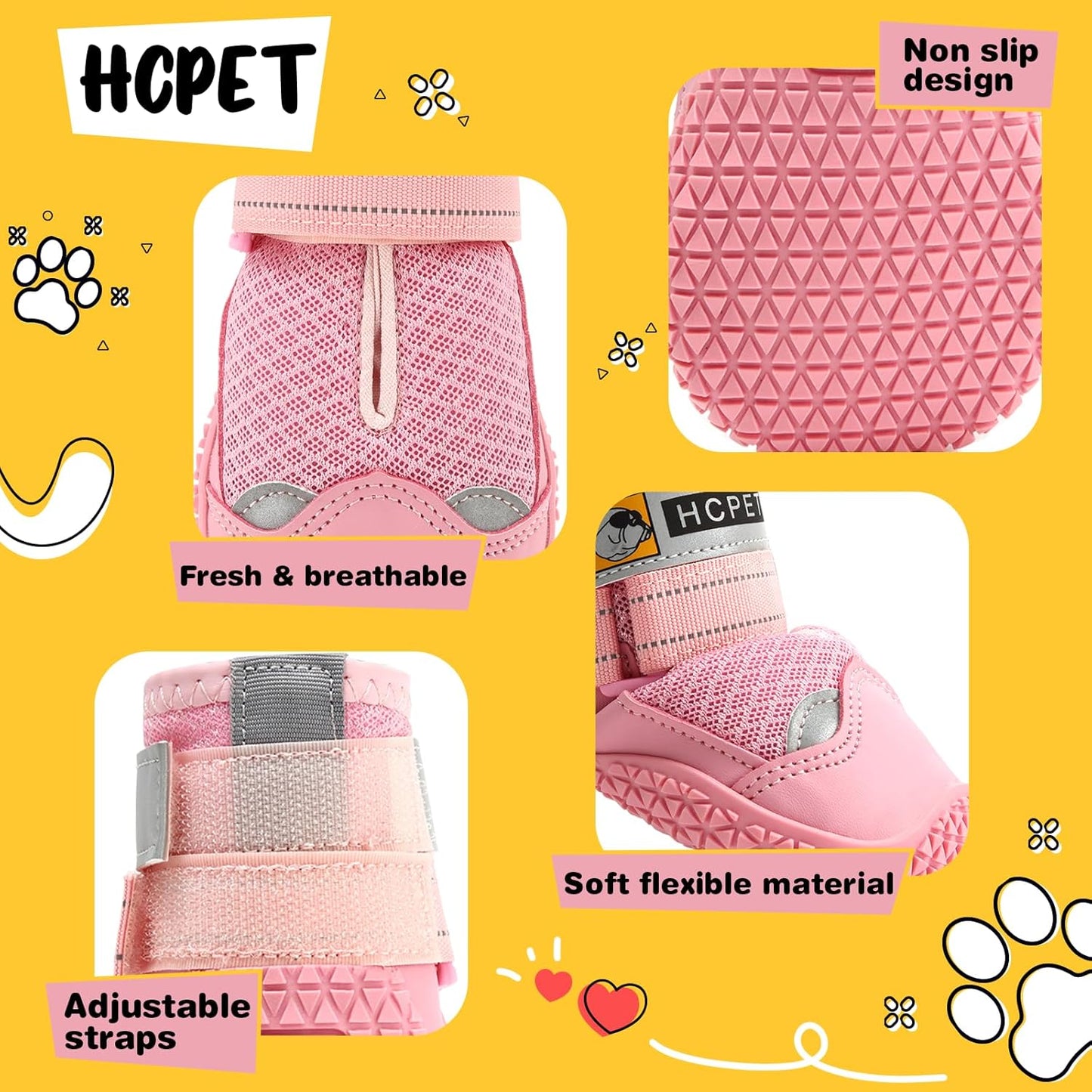 Hcpet Dog Shoes for Large Dogs, Breathable Dog Booties for Small Medium Dogs, Anti-Slip Dog Boots & Paw Protectors for Hot Pavement Winter Snow Hiking with Reflective Straps Pink Size 1