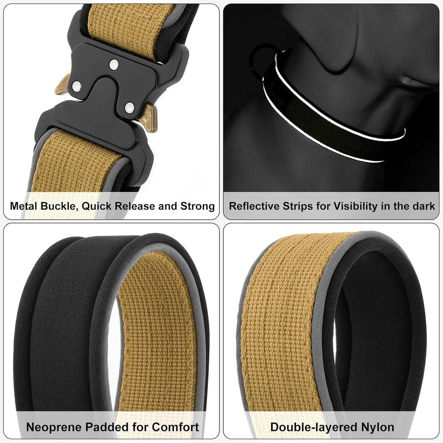 Plutus Pet Tactical Dog Collar, Reflective, Adjustable Heavy Duty Dog Collar, Soft Padded and Comfortable, for Small Medium and Large Dogs (Brown, L)