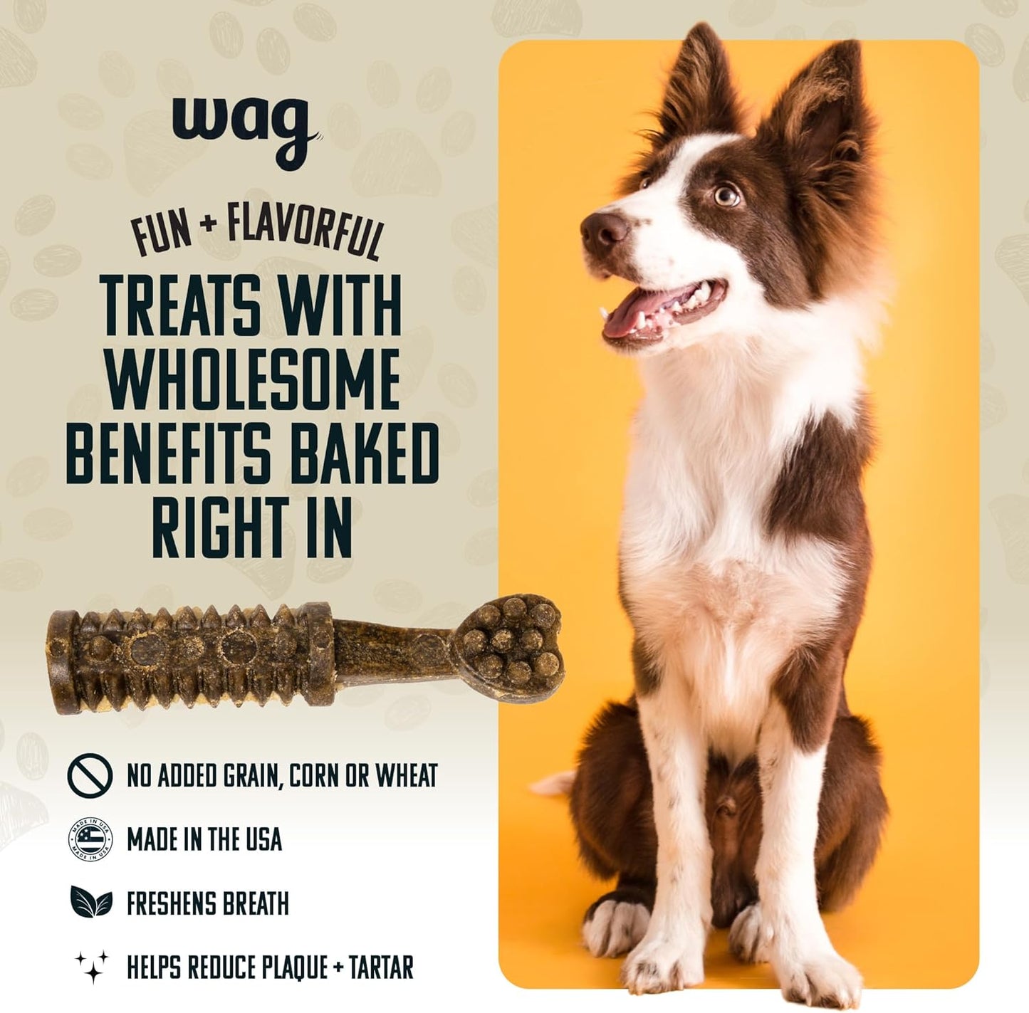 Amazon Brand - Wag Dental Chews - Green Dental Brush for Dogs, Large, Unflavored, 24 Count (Pack of 1)