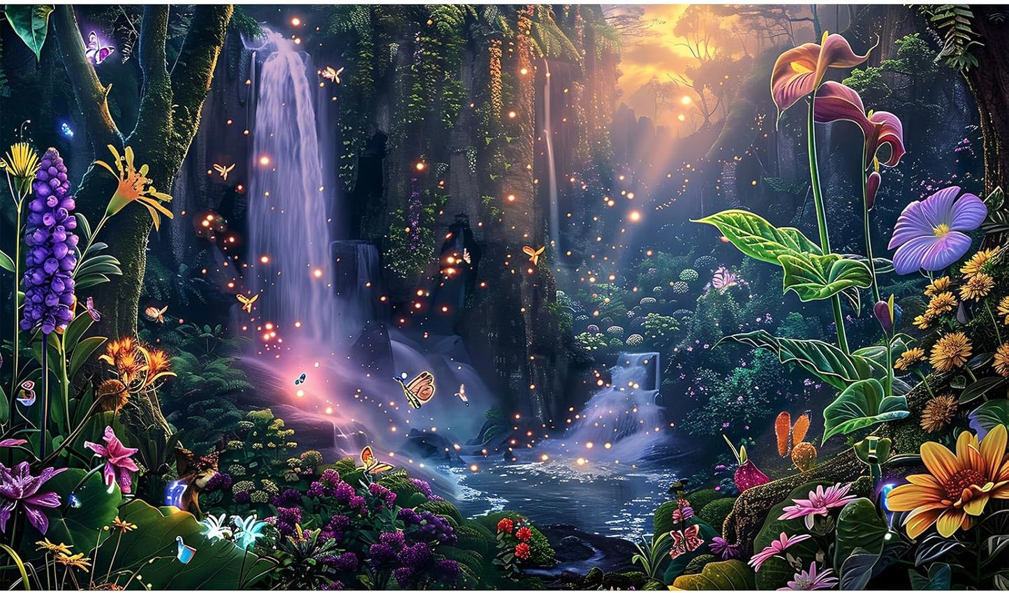 Fantasy Garden Aquarium Background Sunset Waterfall and Flowers Terrarium Backdrop Tropical Forest Lush Plant Magic Butterfly Lights Flowers Fish Tank Background Poster Decorations 72x16in