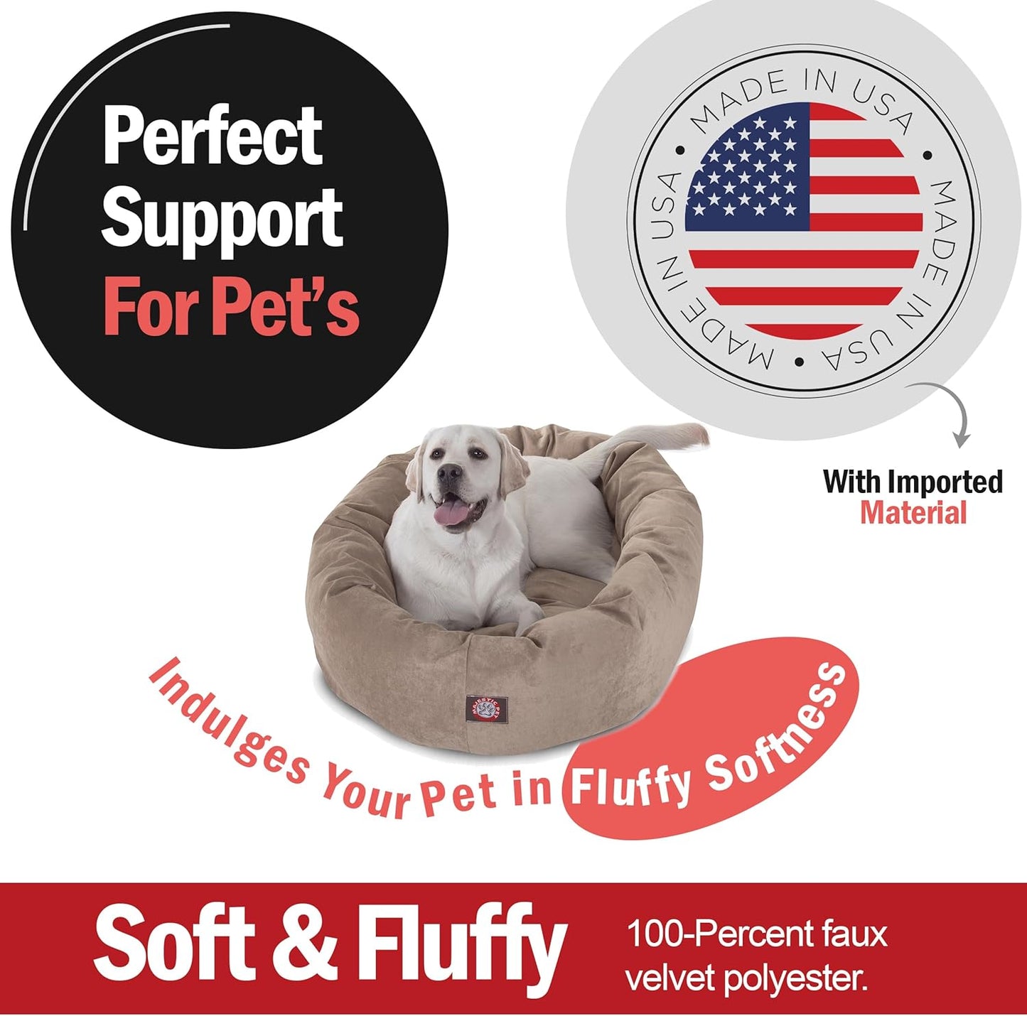 Majestic Pet 40 Inch Micro Velvet Calming Dog Bed Washable – Cozy Soft Round Dog Bed with Spine for Head Support - Fluffy Donut Dog Bed 40x29x9 (inch) – Round Pet Bed Large – Pearl