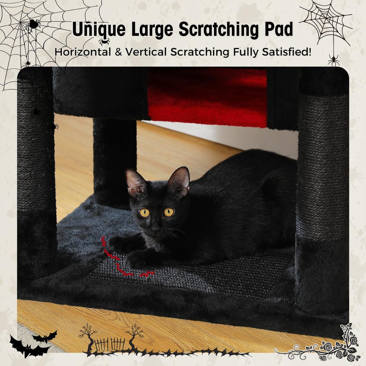 PAWZ Road Large Cat Tree, 72 Inches Gothic Cat Tower for Large Cats, Cat Condo with Sisal-Covered Scratching Posts and Pads, 2 Padded Perch, Dual Condo and Basket for Indoor Cats-Black
