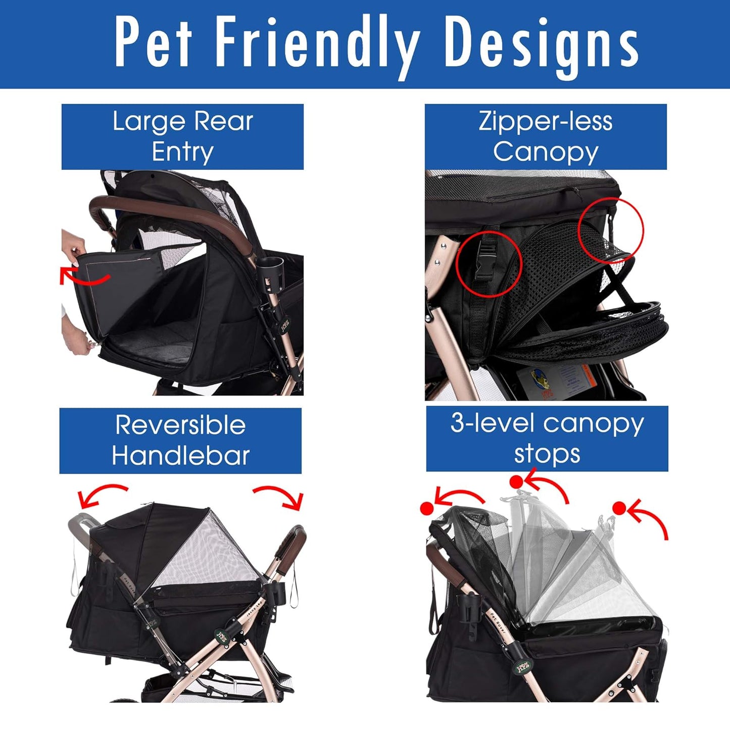 HPZ-PR America HPZ Pet Rover Premium Heavy Duty DogCat Stroller Travel Carriage CompartmentZipperless EntryPump-Free Rubber Tires Small, Medium, Large Pets (Black 2nd-Gen.), X-Large (Pack of 1)