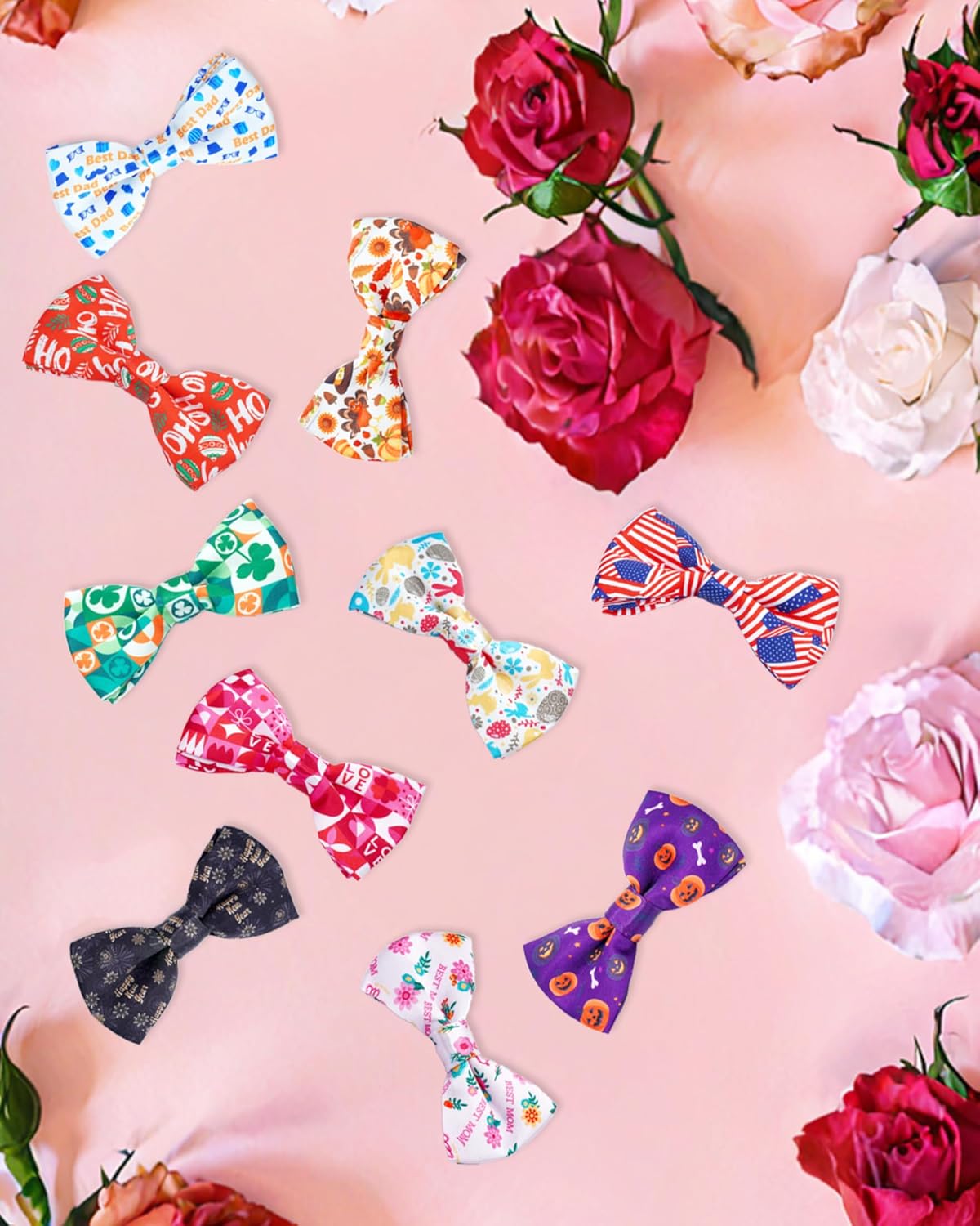 PET SHOW 10 Pack Holiday Big Dog Bow Ties for Large Medium Dogs Sliding Collar Attachments Festival Patterns Bowties Classy Bowknots Party Wedding Pet Grooming Accessories(Large)