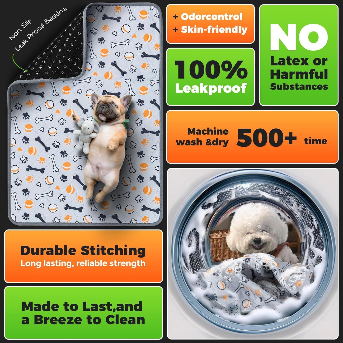 Hompet Washable Pee Pads for Dogs, 45"x27.5", 2-Pack Thick Heavy Absorbency Reusable Pee Pads Prevent Leakage Non-Slip, Pet Training Pads for Puppy Playpen, Crate, Potty, Floor, Bed, Sofa