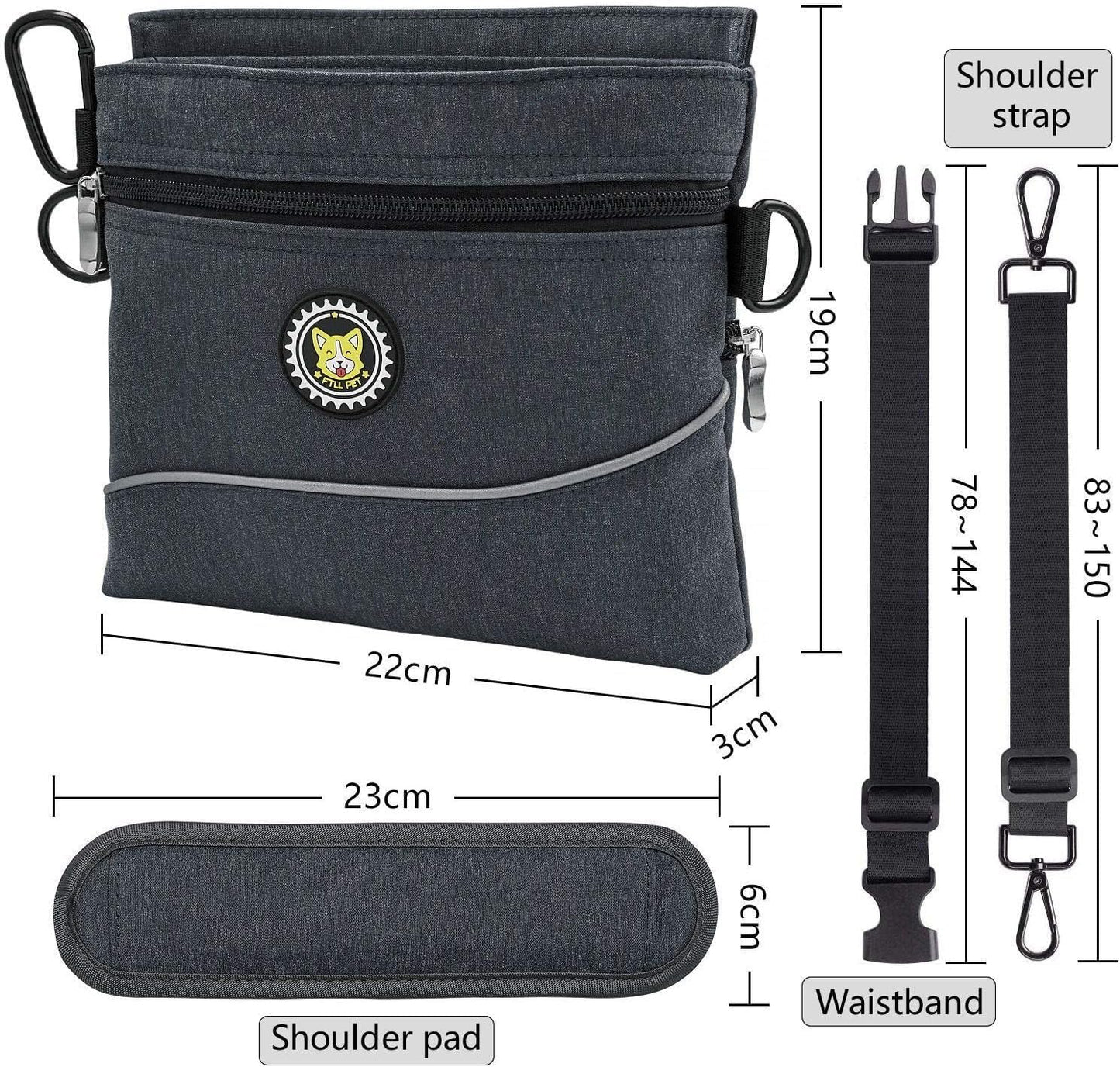 Viklluyr Dog Treat Pouch with Magnetic Closure, 2 Zip Pockets, Removable Inner Pocket, Padded Shoulder Strap, Perfect Food Bag for Agility Training - Including Carabiner