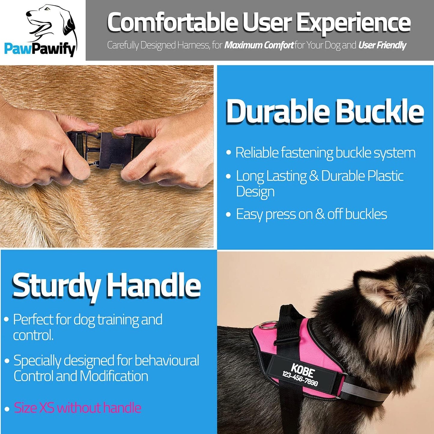 PawPawify Custom No Pull Dog Harness with Name and Phone Number, Heavy Duty Personalized Pet Vest to Prevent Tugging, Pulling, or Choking, Training and Walking (Camouflage Blue, S (10-19LBS))