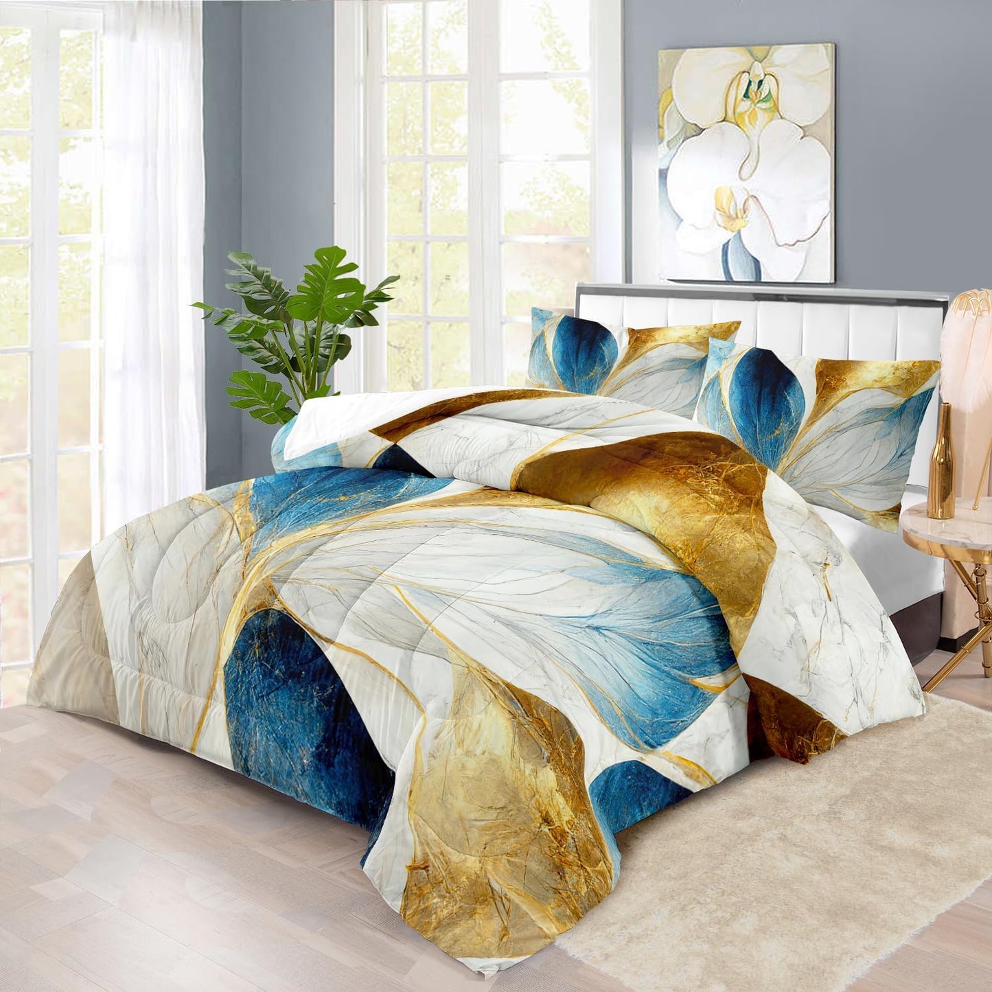 Vintage Floral Comforter Set Full Size Women,Marble Flower Bedding Set Full,Marble Blue Flower Bed Comforter,Blue and Gold Floral Quilt Bedroom Decor for Kids and Adults