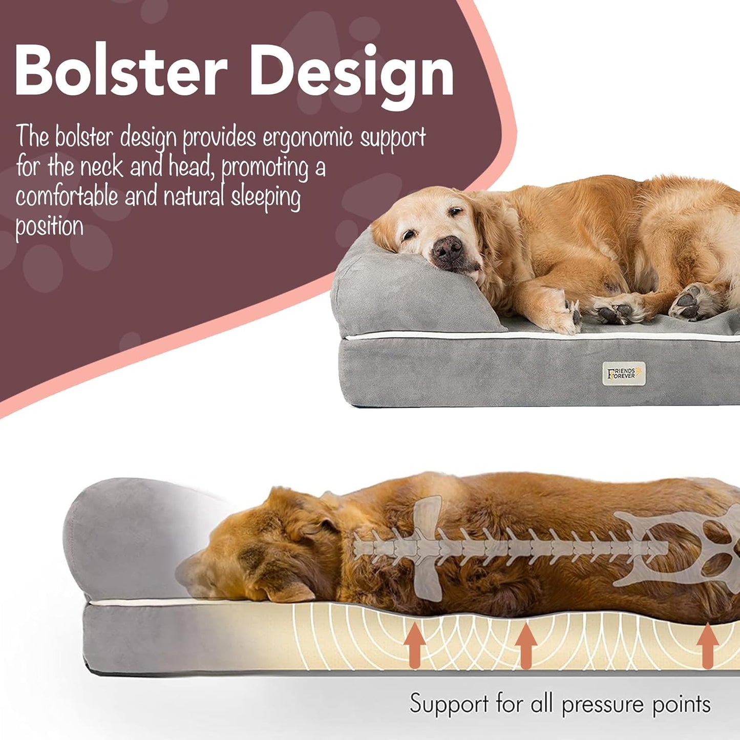 Chester XX-Large Dog Bed - Orthopedic Memory Foam Mattress, Calming Couch Bed, Wall Rim Pillow, Water Resistant Liner, Washable Cover, Non-Slip Bottom, Grey