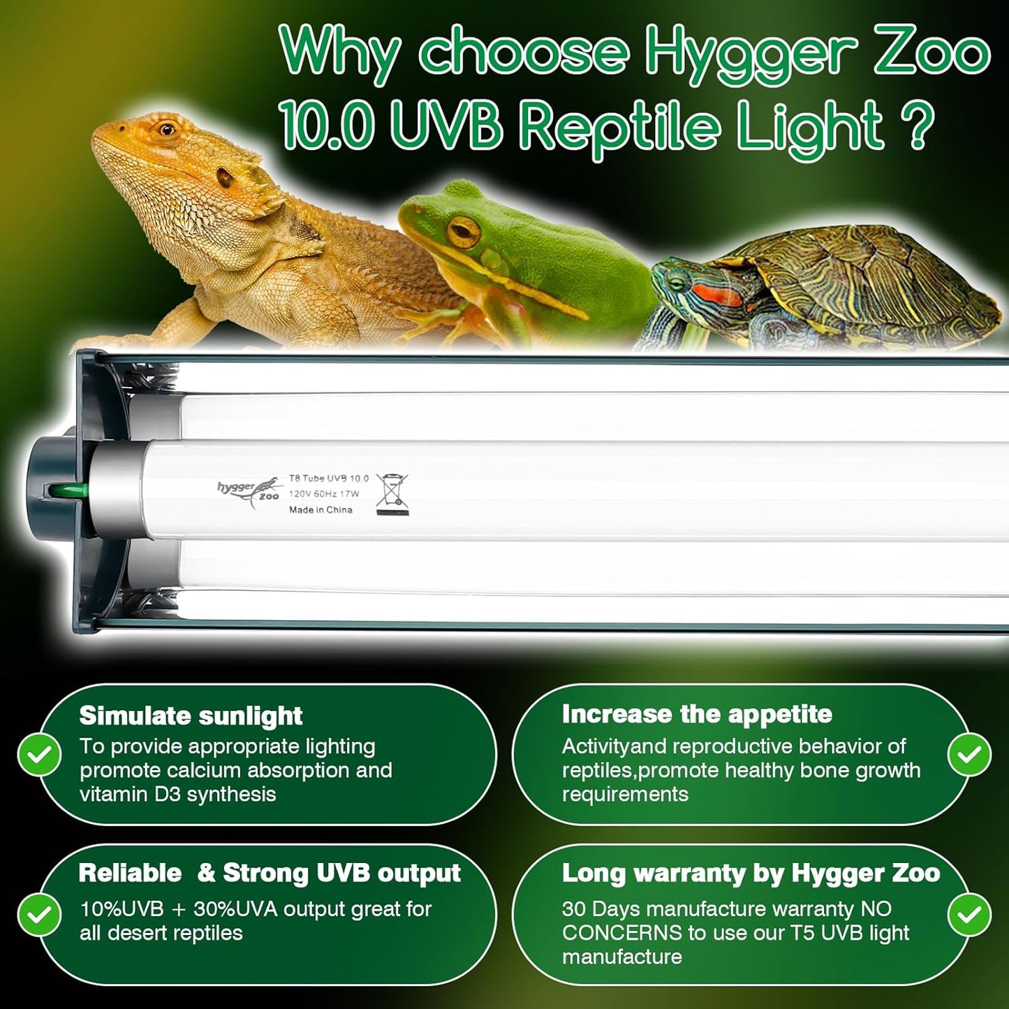 T8 Reptile Light Fixture Combo Kit 17W Light Fixture Jungle Green Reptile Terrarium Hood 10.0 UVB Light Bulb Fluorescent Tube for Bearded Dragon Lizards Tortoise for Tropical and Deserts Reptile lamp