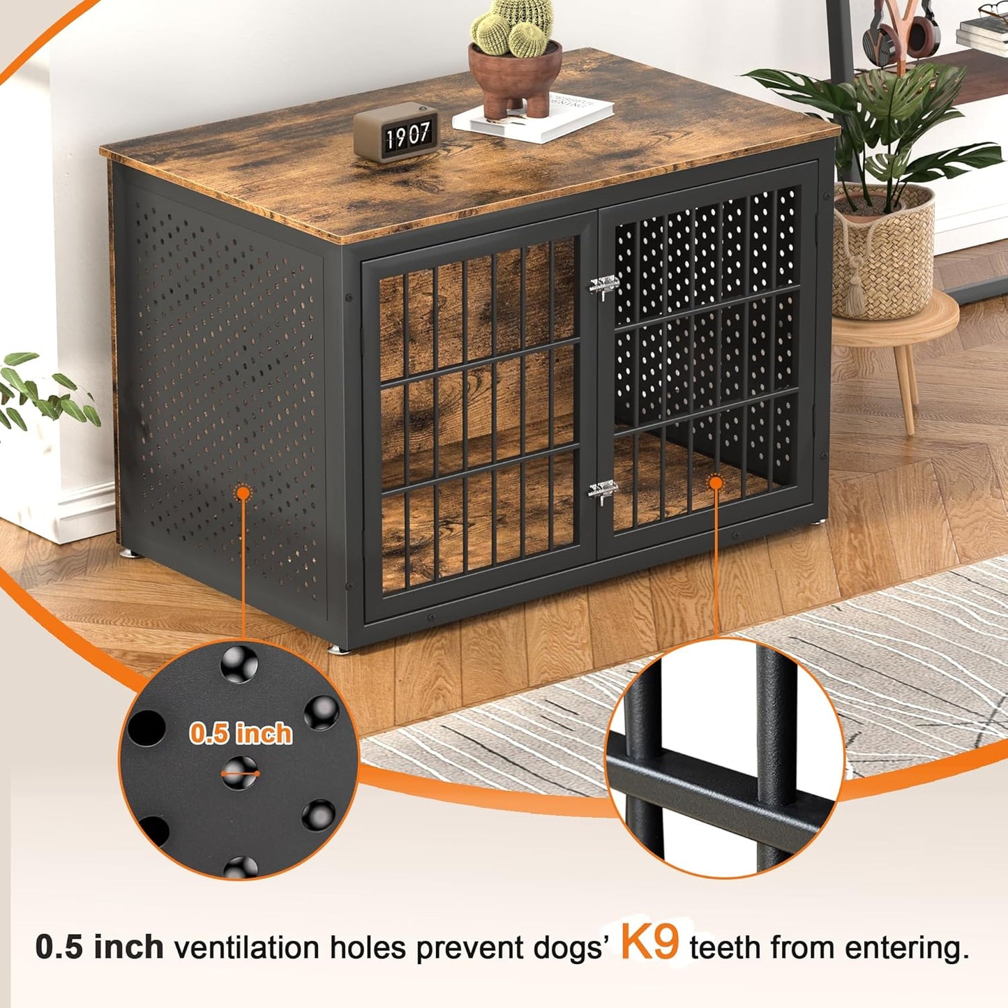 48" Rustic Heavy Duty Dog Crate Furniture for Extra Large Dogs, Metal Kennel for High Anxiety Dogs, Wooden Cage Furniture Indoor, Decorative Dog Kennel End Table, XL
