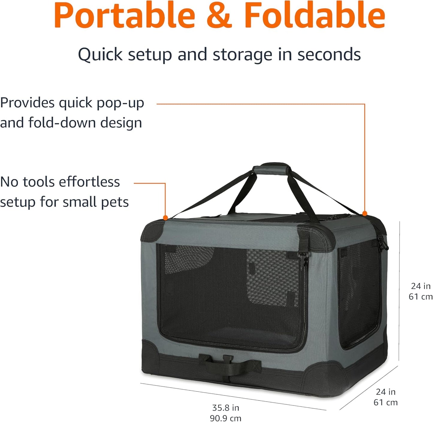 Amazon Basics 4-Doors Portable Soft-Sided Folding Travel Crate Kennel for cat, Dog, and Other Small Animals, Grey, L 36" x 24" x 24"