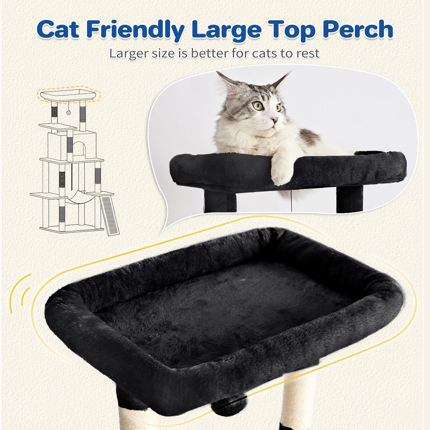 Cat Tree Tower 63in Multi-Level Cat Tower for Indoor Cats with Sisal Scratching Posts, Condo, Hammock, Dangling Ball and Extended Platform for Cats to Play, Black