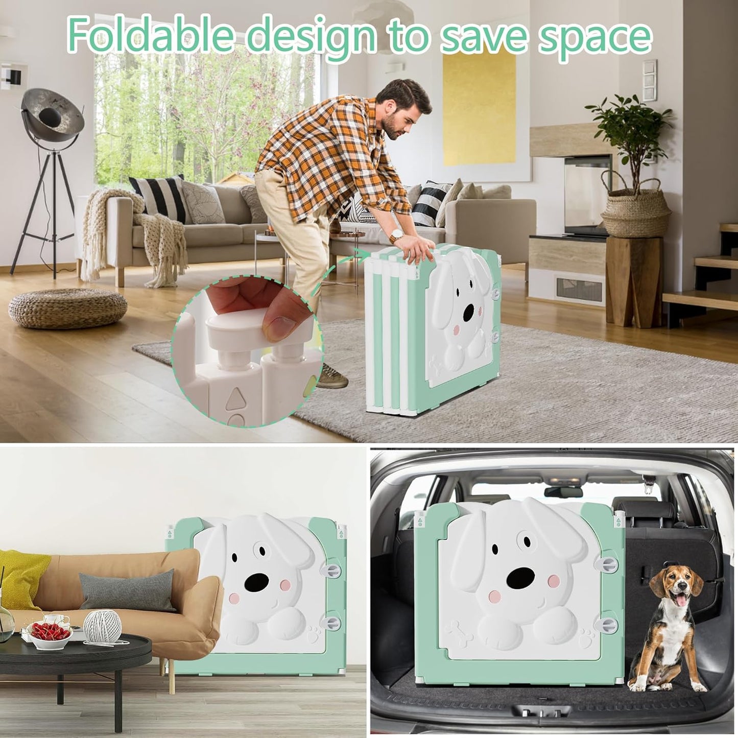 Foldable Dog Play Pen Indoors, Non-Slip Sturdy Puppy Playpen with Door, 25.5" H 10-Panel Adjustable Shape Dog Fence Pen for Small/Medium Dogs, Thickened, Easy to Store, White+Green