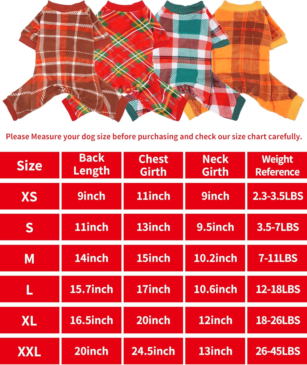 PET SHOW 4 Pack Small Dog Pajamas Holiday Dog Clothes Doggies Soft Stretchy PJs Plaid Jumpsuit Puppy Cats Girl Boy Fall Onesies Christmas Outfits with Sleeve Pets Dachshund Costume(XS, Plaid)