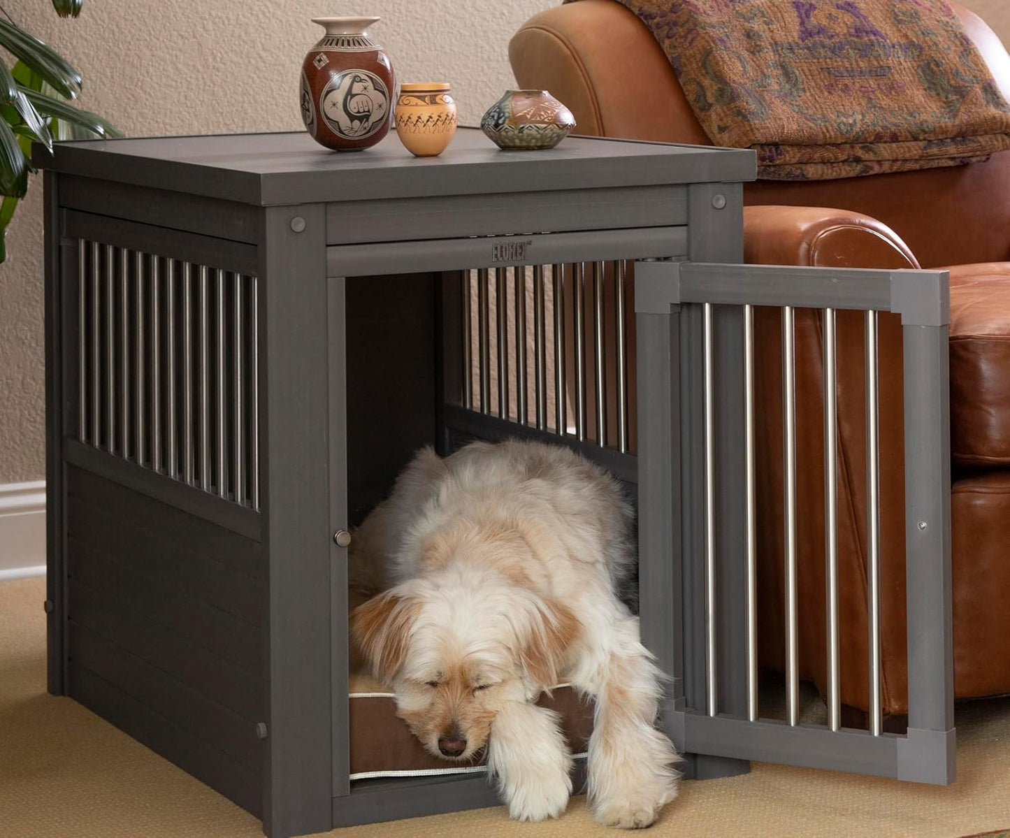New Age Pet ECOFLEX Dog Crate End Table - Furniture-Style Pet Crate for Crate Trained Dogs - Stainless Steel Tubing & a Latched Closure - 10 Year Manufacturer's Warranty, Medium