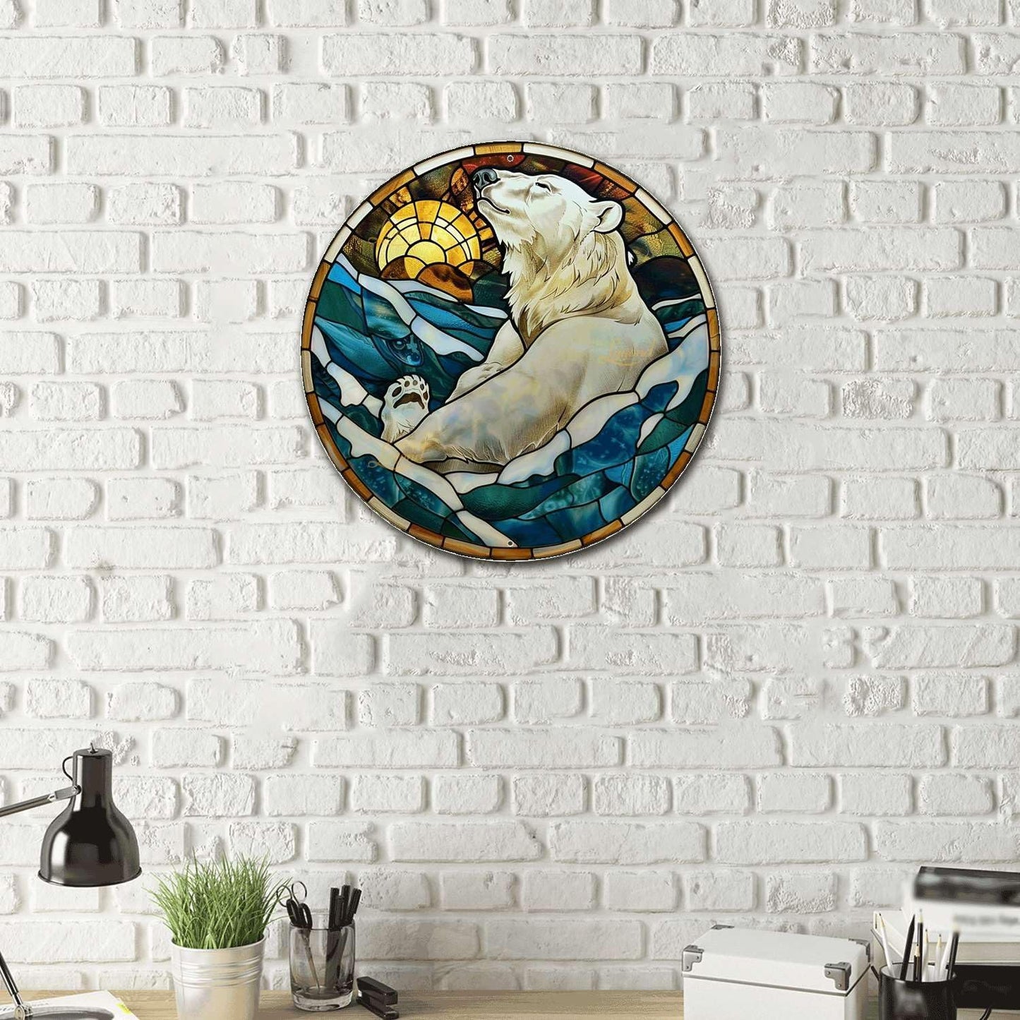 Lygond Metal Polar Bear Toilet Decor - Circular Stained Glass Tin Sign, 1212 Inches