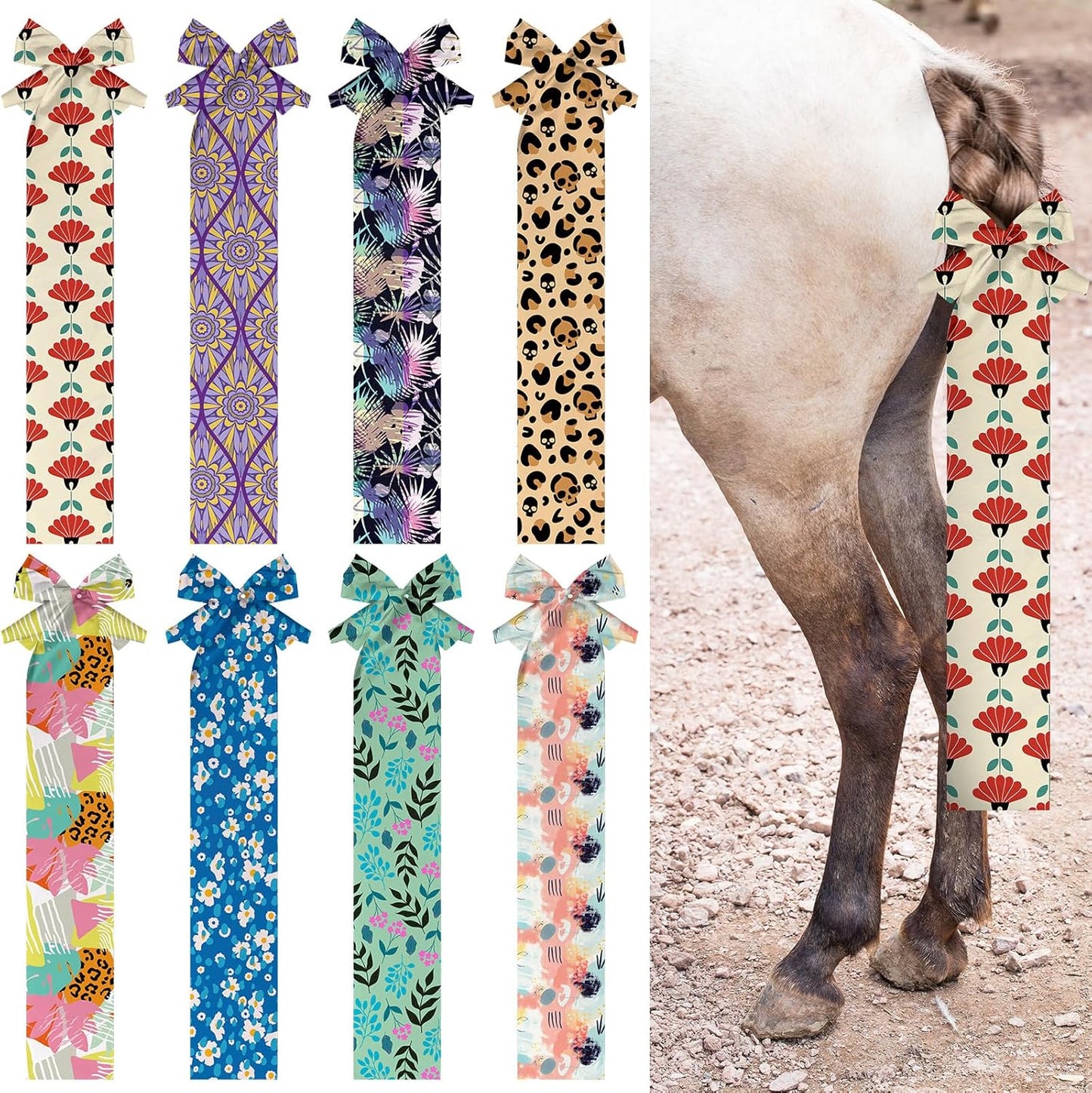 Eccliy 8 Pcs Horse Tail Bag Breathable Guard Stretchy 22" Slip on Horse Tail Wrap 2 Strand Closure Straps Grooming Supplies to Keep from Dirt Breakage Rubbing 8 Designs