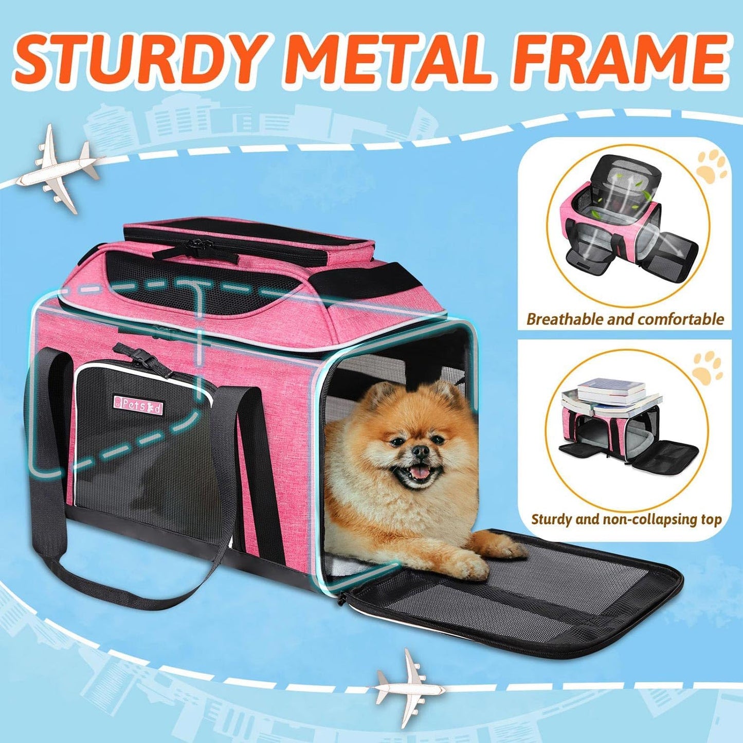 Petskd Top-Expandable Pet Carrier 17x11x9.5 Inches Alaska Airline Approved, Soft-Sided Carrier for Small Cats and Dogs with Locking Safety Zippers and Anti-Scratch Mesh(Pink)