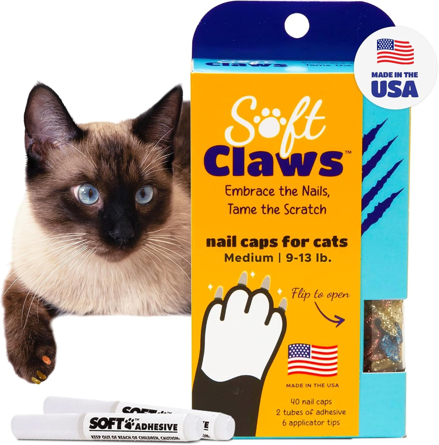 Soft Claws Cat Nail Caps for Medium Cats – (40 Caps, Sparkle Variety) - Made in USA - Veterinarian-Developed | Protects Furniture & Skin - Easy to Apply, Long-Lasting Anti-Scratch Soft Cat Claw Covers