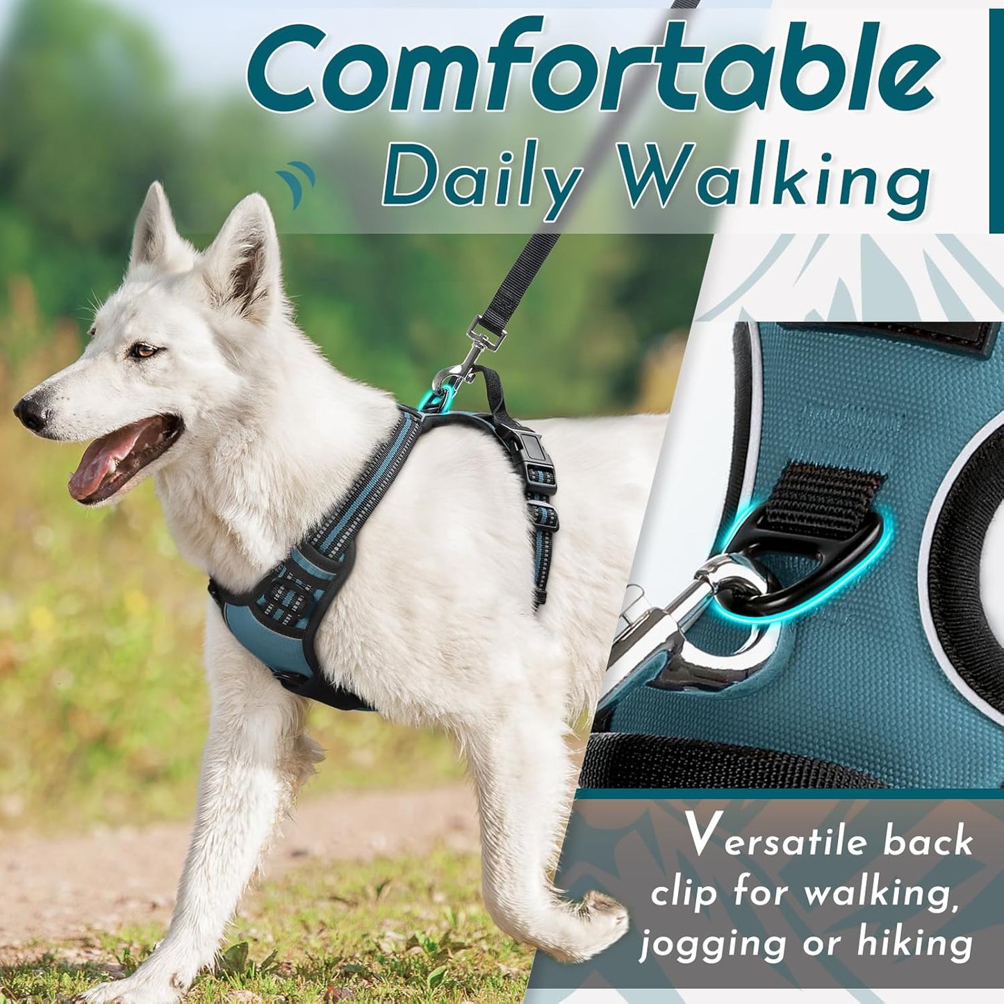 Eagloo Dog Harness for Large Dogs, No Pull Service Vest with Reflective Strips and Control Handle, Adjustable and Comfortable for Easy Walking, No Choke Pet Harness with 2 Metal Rings, Dark Green, L
