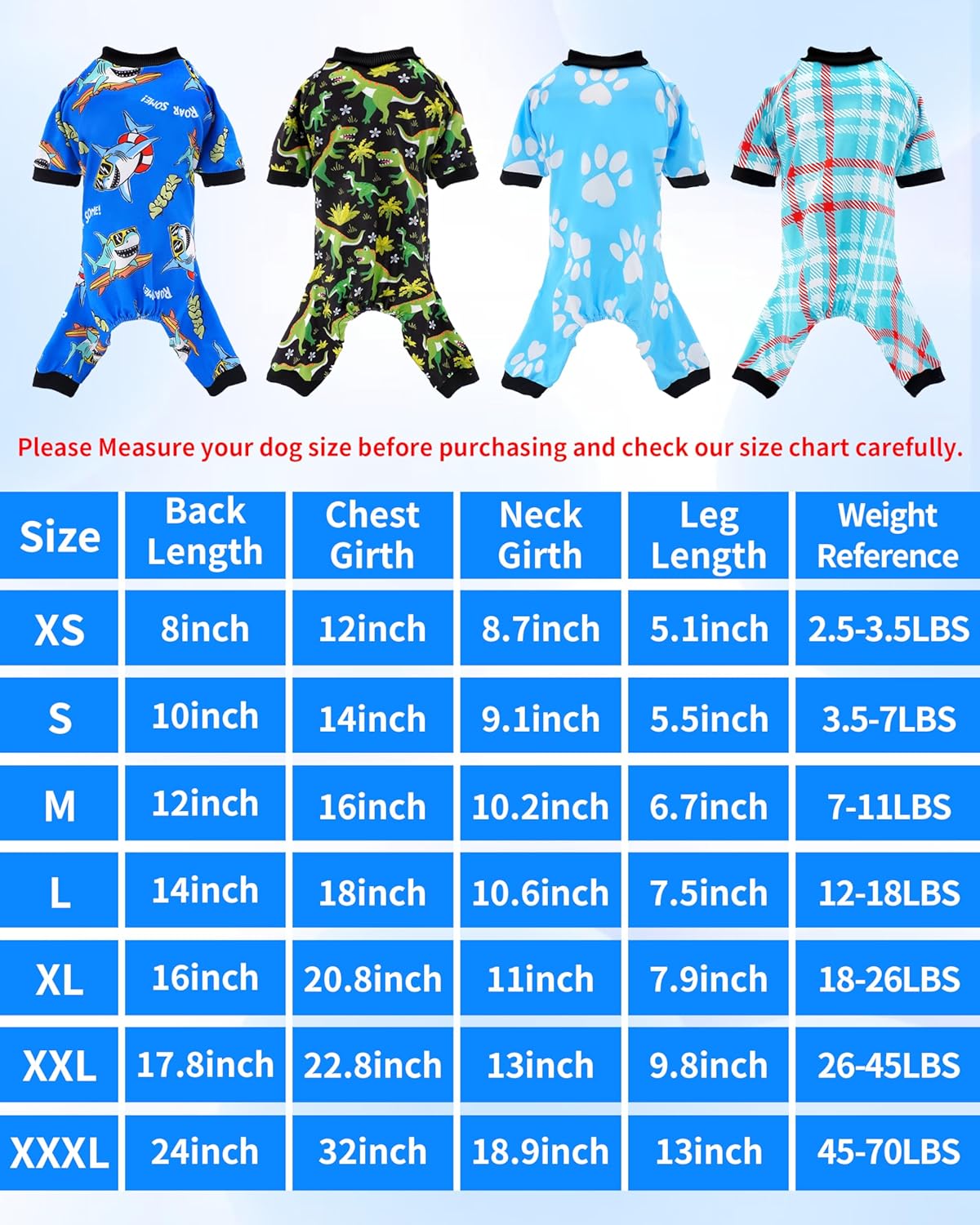 PET SHOW 4 Pack Dog Pajamas Dinosaur Shark for Extra Large Dogs Boy Soft Stretchy PJs Plaid Jumpsuit Dog Paw Onesies Outfits with Sleeve Pets Breathable Summer Clothes Costume XXXL