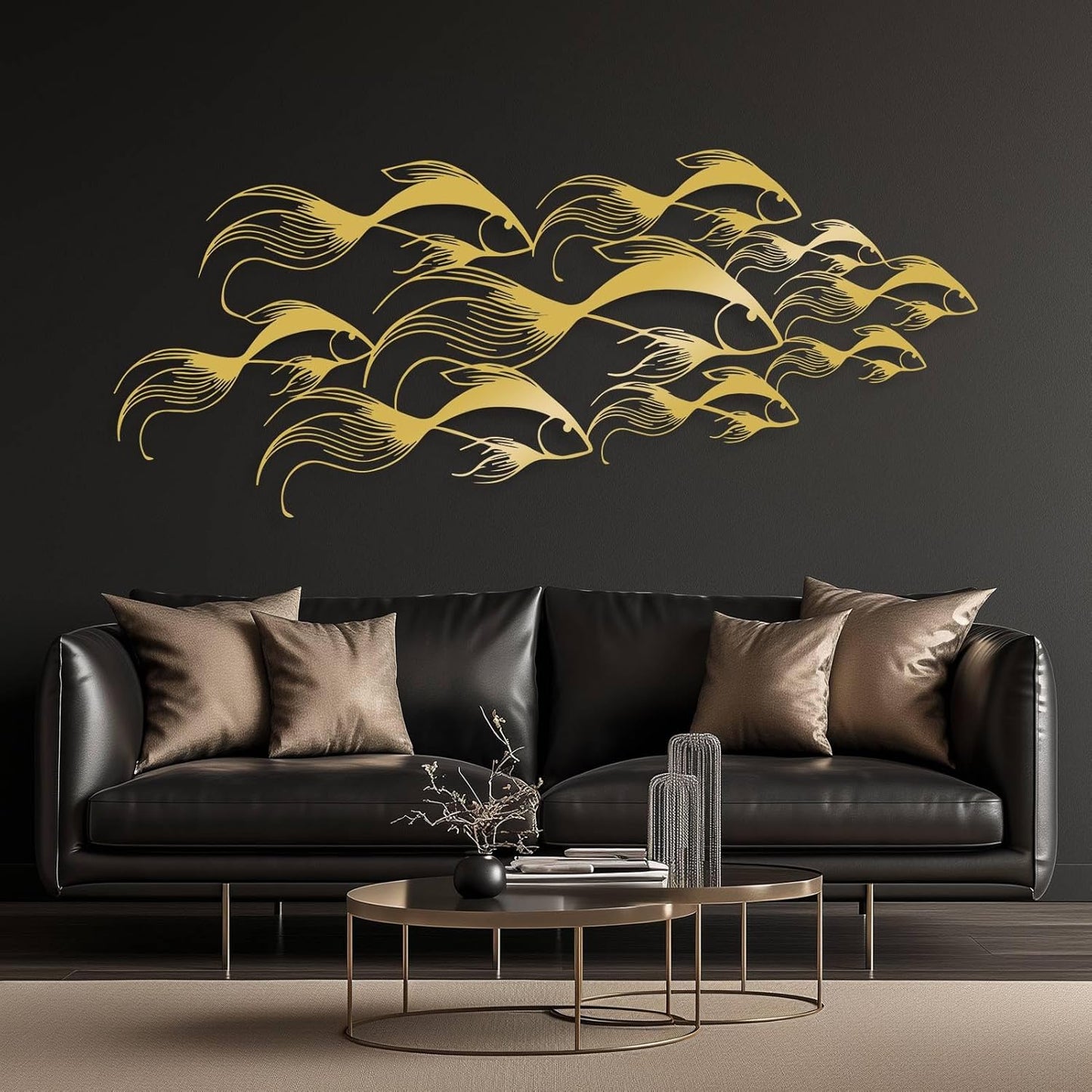 School of Fish Metal Wall Art, Metal Fish Wall Decor, Sea Life Wall Art, Large Nautical Wall Hanging, Modern Beach House Wall Decor, Ocean Themed Artwork for Bathroom (Black, 30"x12" | 76x32cm)