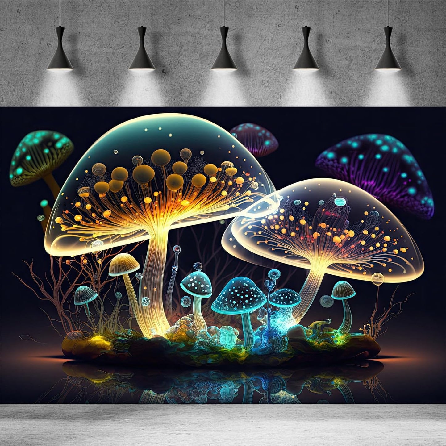 Mushroom Aquarium Background Abstract Glowing Fantasy Mushrooms Terrarium Background Mysterious Forest Magical Night In Circle Shape Crystal Glass Fish Tank Backdrop Decorations Vinyl 24x12in