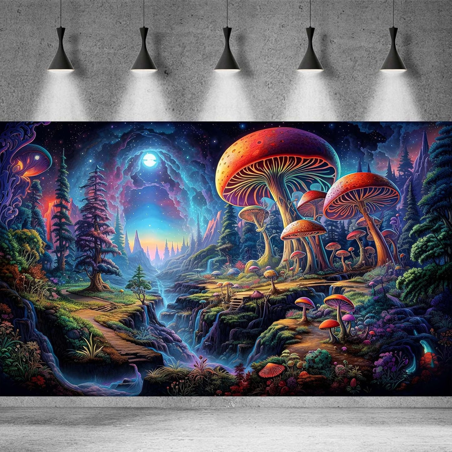 Forest Aquarium Background Fantastic Cartoon Forest Landscape with Mushrooms and Flowers Terrarium Background Fantasy Pine Tree Mysterious Mushroom Theme Fish Tank Backdrop Poster Decor 72x16in