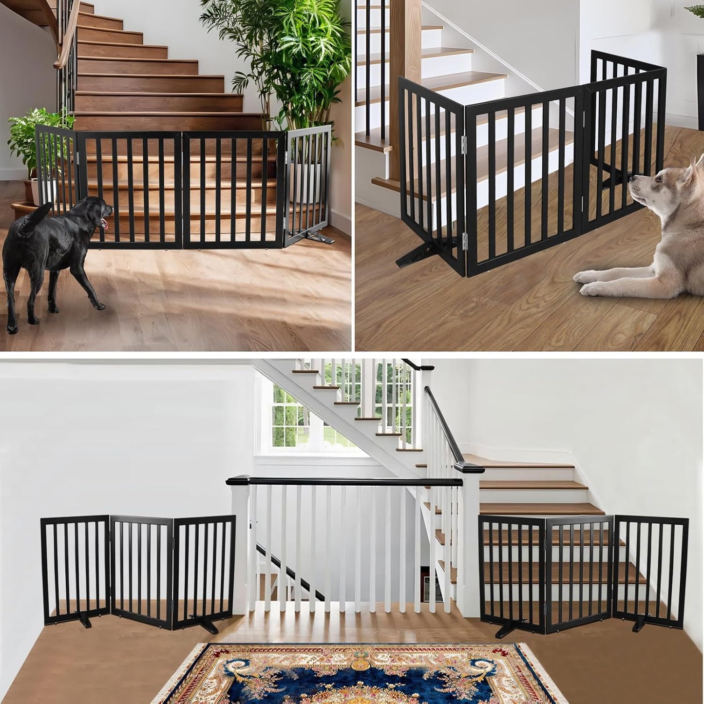 ZJSF Freestanding Indoor Dog Gate for House Foldable Wood Puppy Gate for Doorways Pet Gate for Stairs Extra Wide Pet Fence, Black, 32" Height 3 Panels