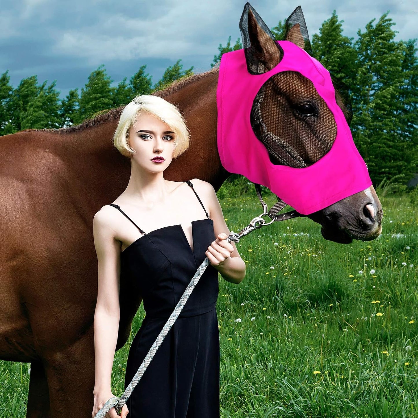 Sadnyy 6 Pcs Horse Fly Masks with Ears Comfort Breathable Mesh Fly Masks Net UV Protection Large Eye Space Full Face Covering Elasticity Soft for Horses(Large)
