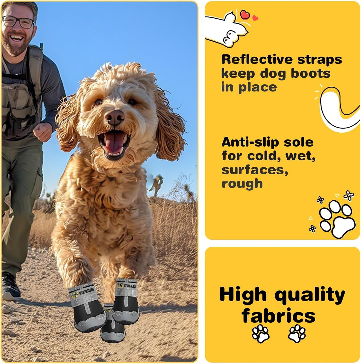 Hcpet Dog Shoes for Large Dogs, Waterproof Dog Booties for Small Medium Dogs, Anti-Slip Dog Boots & Paw Protectors for Hot Pavement Winter Snow Hiking with Reflective Straps Black Size 2