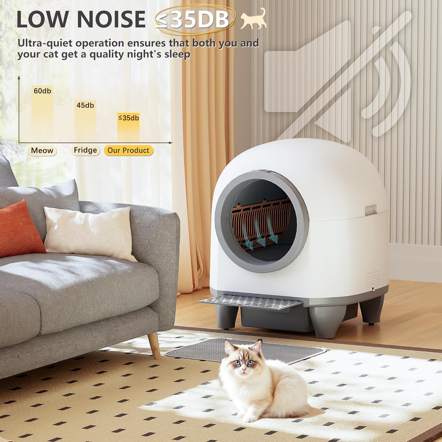 WARCAT Self Cleaning Litter Box Automatic, 90 L Automatic Cat Litter Box for Multiple Cats APP-Controlled with Smart Sensors, Safety Protection,Mat,1 Roll Garbage Bag (Gray)