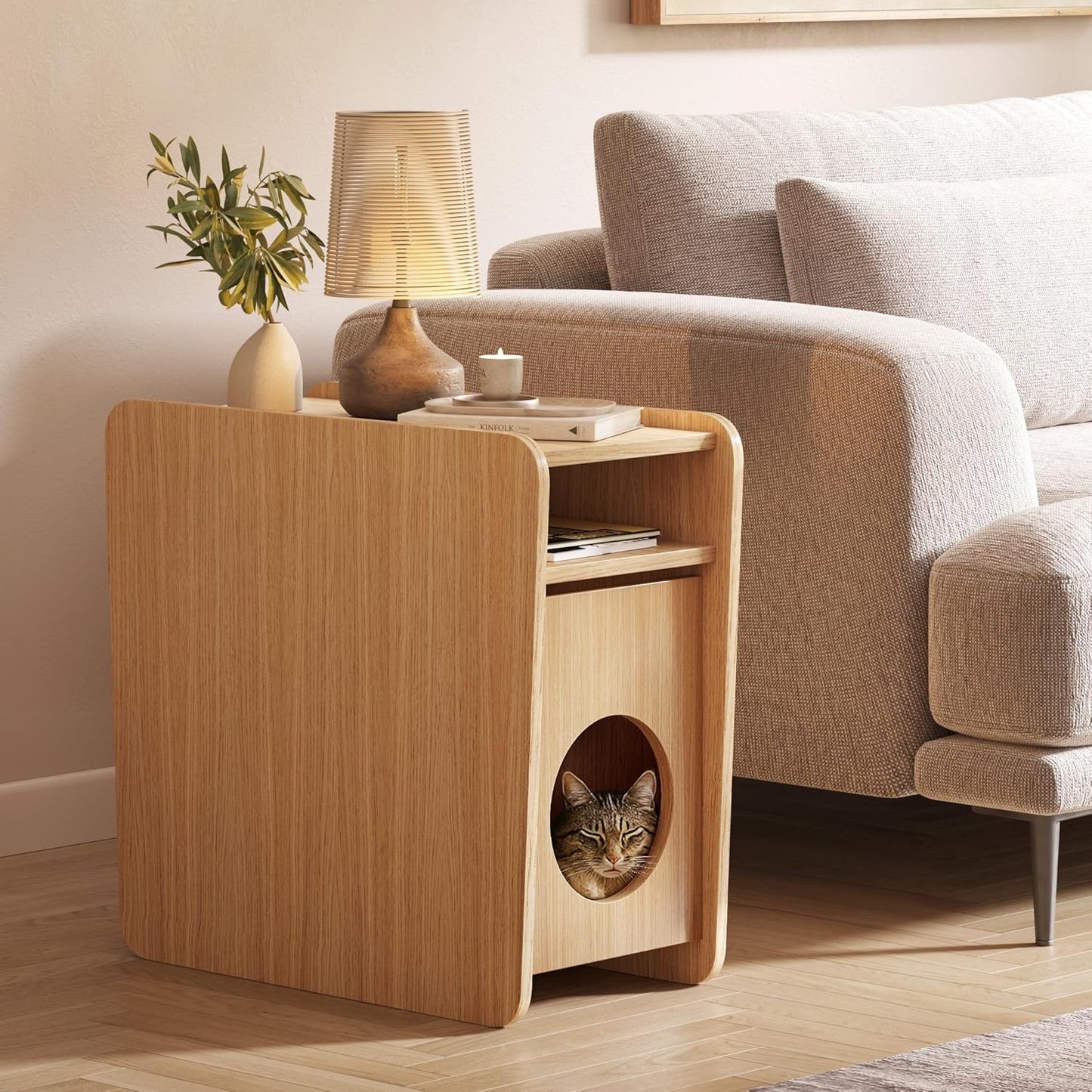 WERMO 12'' Narrow End Table for Living Room - Small Side Table with Shelf, Magazine Holder and Storage Doubling as Cat Hideaway for Couch, Chair and Bedside. Wood Night Stand for Bedroom (Oak)
