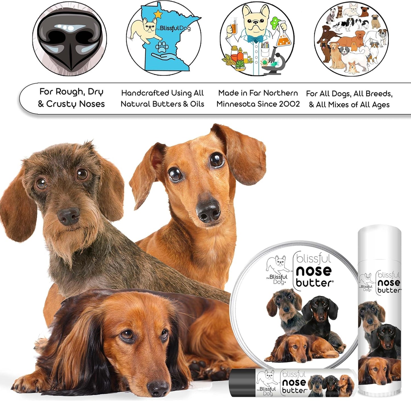 The Blissful Dog Daschund Nose Butter for Dry, Cracked Skin, Lick-Safe Dog Nose Balm with Moisturizing Shea Butter, Almond, Olive, and Essential Oils, Pet Supplies, Uncented, 0.15 oz.