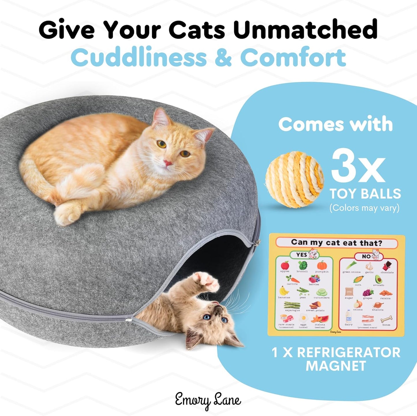 Emory Lane - Premium Cat Cave, Multifunctional Donut Tunnel Bed, Round Felt Cave with Zipper, for Pets up to 40 Lbs (24x24x11 Inch) (Dark Gray)