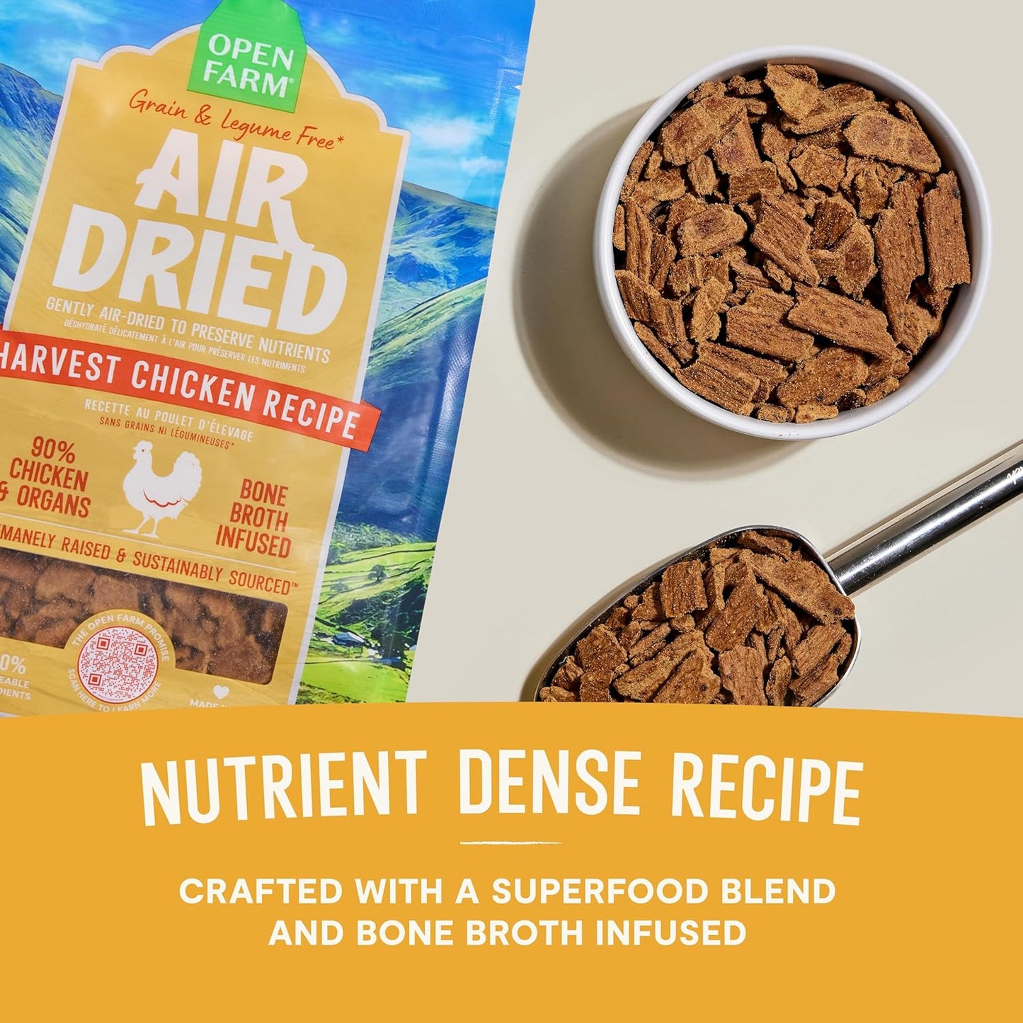 Open Farm, Air Dried Dog Food Infused with Bone Broth, Grain & Legume Free, Complete Meal or Food Topper, Harvest Chicken Recipe, 2lb Bag