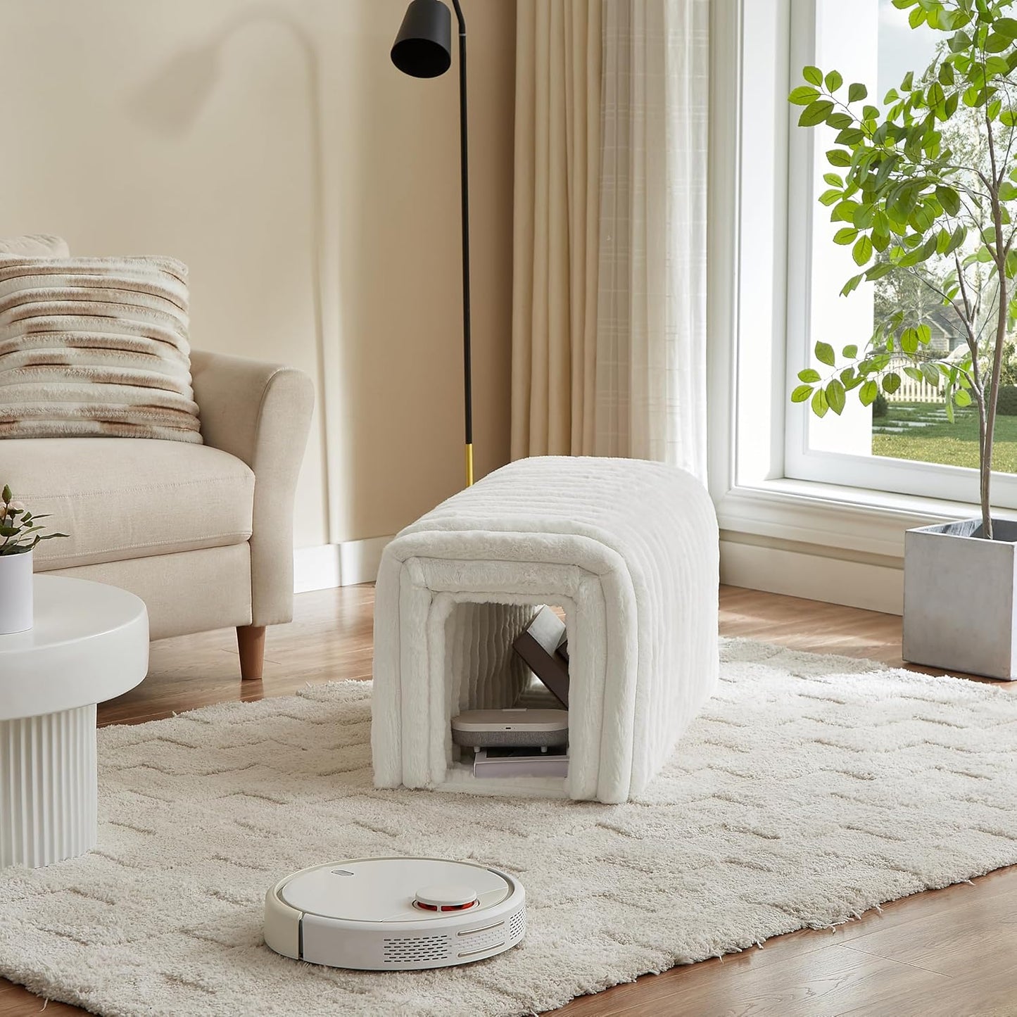 Storage Bench Pet Supplies Corduroy Bench Cat's nest to Hide for The Living Room, Entryway and Bedroom (Beige)