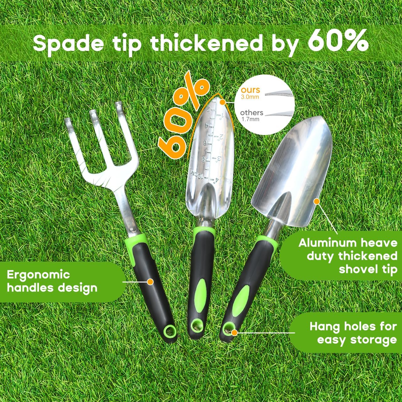 Garden Tool Set, 3 Pack Aluminum Heavy Duty Gardening Kit Includes Hand Trowel, Transplant Trowel and Cultivator Hand Rake with Soft Rubberized Non-Slip Ergonomic Handle, Garden Gifts