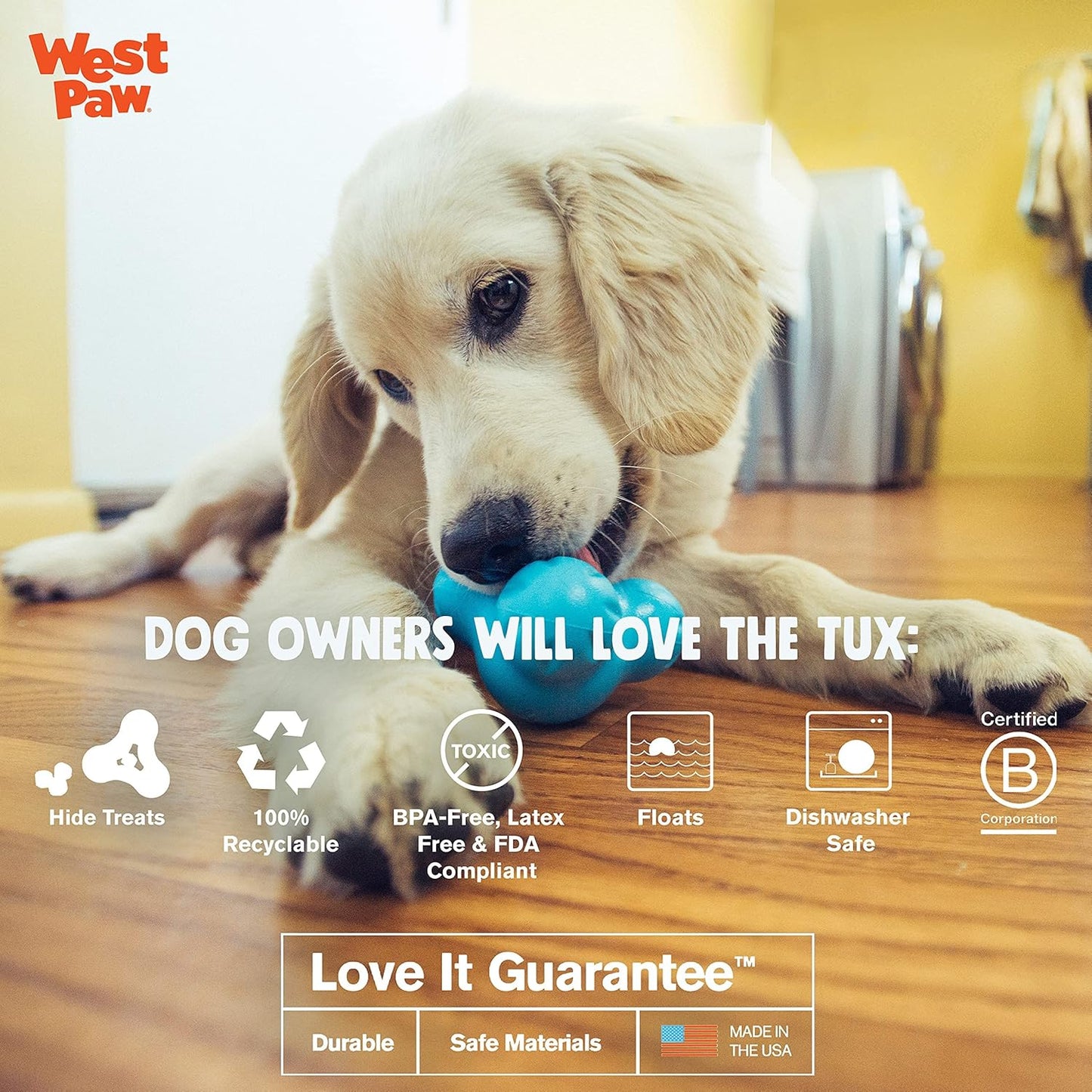 WEST PAW Zogoflex Tux Treat Dispensing Dog Chew Toy – Interactive Chewing Toy for Dogs – Dog Games for Aggressive Chewers, Fetch, Catch – Holds Kibble, Treats, Small 4", Aqua Blue