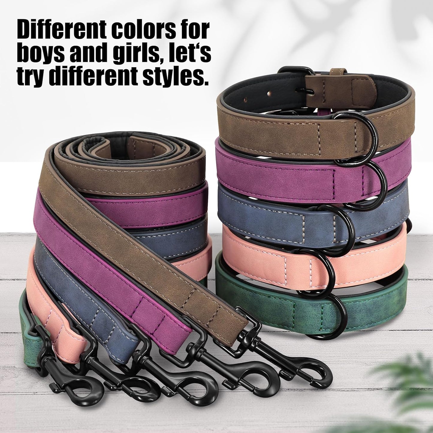 Didog Soft Padded Leather Dog Collar and Leash Set, Adjustable Pink and Breathable Pet Collars with 4FT PU Leather Dog Leash for Small Medium Large Dogs, Pink, L