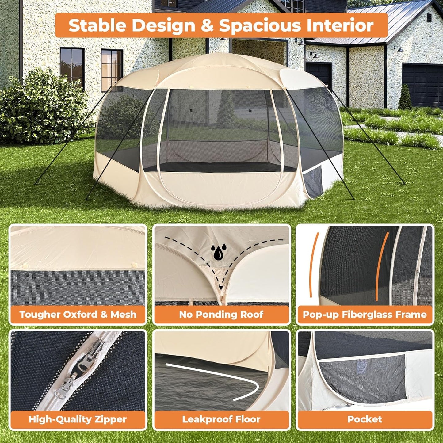 EighteenTek XXLarge Popup Portable Dog Houses, 10'x4.8'H Assembly-Free Gazebo-Style Dog Cot Cat Playpen Screen Pet Tent Sun Shade Shelter Dog Bed with Canopy for Outdoor Anti-Bugs with Leakproof Floor