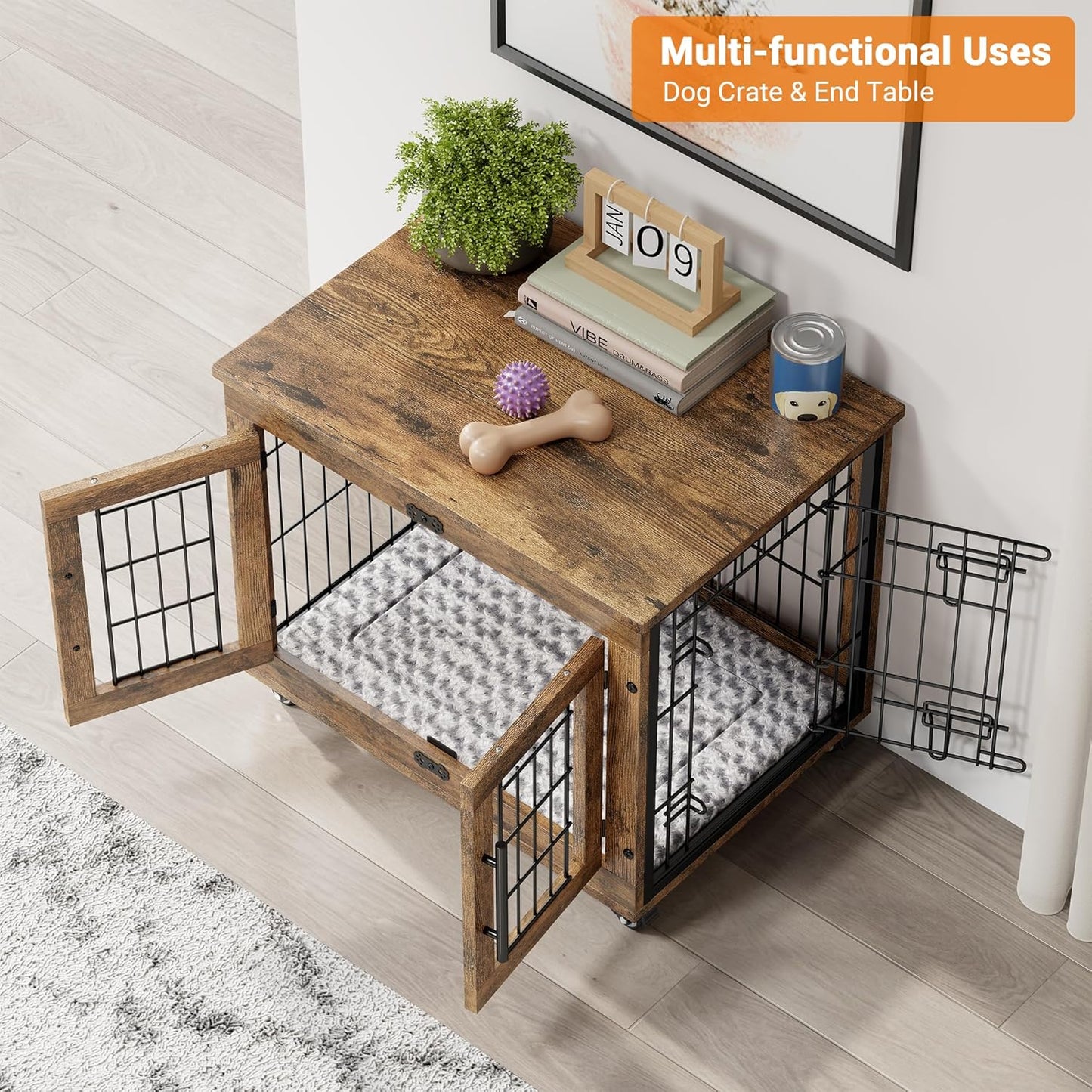 Lulive Small Dog Crate Furniture, Dog Kennel Indoor Double Doors Wooden Dog Cage, 27.1'' Heavy Duty Dog Crate with Cushion & Wheels, Decorative End Table Pet House Chew-Resistant for Small Dogs, Brown