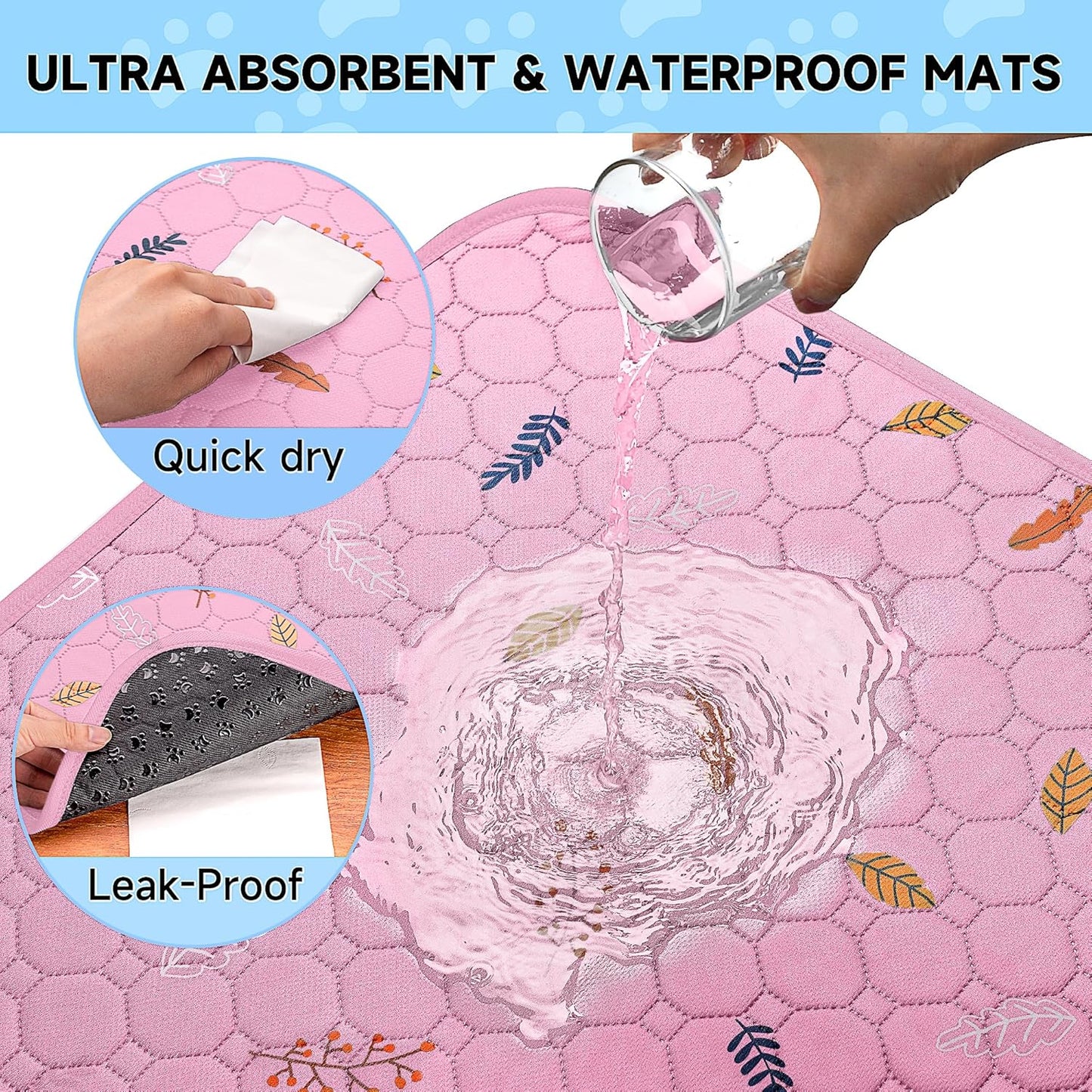Sunheir Washable Pee Pads for Dogs Large 48" x 48" 2-Pack Reusable Puppy Pads Pet Training Pads, Absorb Dog Mats, Whelping Pad, Non-Slip Protects Against Urine Leakage (Leaves - Pink, 48x48)